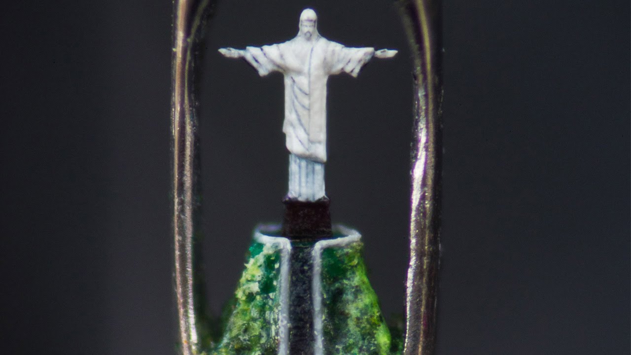 Williard Wigan created this micro-sculpture of Christ the Redeemer inside the eye of a needle. He used a fly hair (yes, a hair from a fly’s head) as a paintbrush. Click here for a short video.