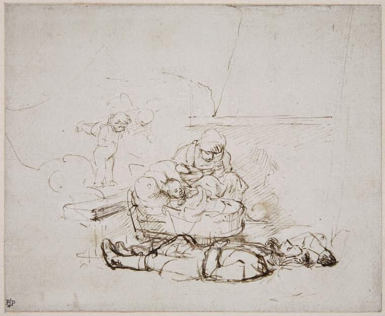 The Holy Family Sleeping, with Angels , Rembrandt van Rijn, pen and brown ink on paper, 1645.