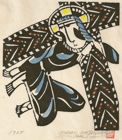 Sadao Watanabe, Christ Carrying the Cross , Stencil Print. "This hand-colored stencil print on mulberry paper of Christ carrying the Cross was a personal favorite of Japanese Graphic Artist Sadao Watanabe. In a culture that had earlier embraced the compassionate teachings of Buddhism, Japanese converts to Christianity were drawn to the image of a God who suffered alongside them rather than the remote and judgmental Father God of the Western Christian tradition. Adapting a cloth-dying technique from the Okinawan Islands using hand-cut stencils and resist paste to make images on paper, Watanabe masterfully creates a Japanese vision of Christ, the God who has humbled himself to become man, falling to his knees under the weight of the Cross he has chosen to bear on his shoulders to redeem humanity. There is a hauntingly wistful and tender expression on Christ's understated, mask-like features. This Japanese Jesus gracefully turns his broken body to look back at those who are sending him to his death with both sorrow and forgiveness. His arm is draped over the upright beam of his means of execution, transformed with decorative patterns by this one-time designer of kimonos into an object of beauty. Divine love triumphs over hate in a scene of surprising harmony and tranquility" (John Kohan). Courtesy sacredartpilgrim.com .