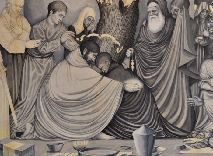 Grisaille (underpainting) of Jesus and Thomas by Jack Baumgartner. The stance of Jesus in this scene demonstrates the absolute receptiveness of Jesus to the other. It might be trite to say a picture speaks a thousand words, but this one actually does. Published with permission. More of Jack's incredible work can be found here . 