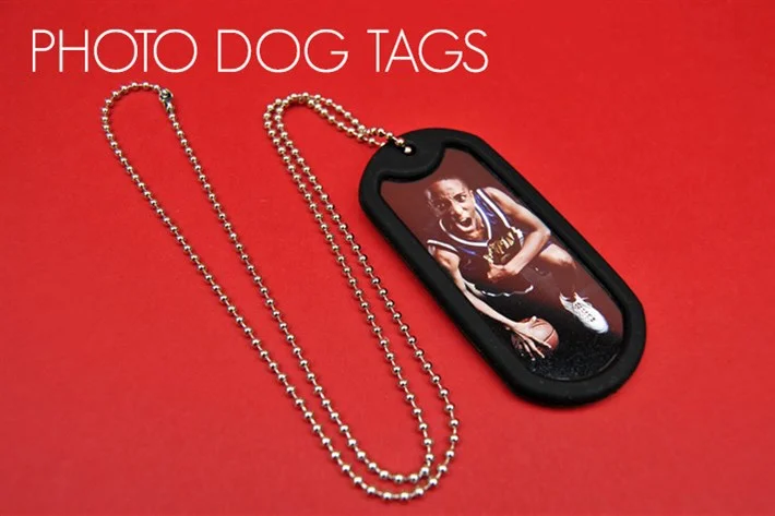  These dog tags are printed on one side and comes with a black rubber border and chain. 