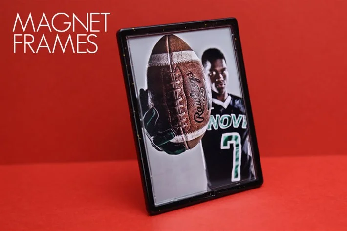  Magnet Frames are completely versatile. They can latch onto the fridge at home or perch on an office desk using a stand on the back. The Magnet Frame comes at 2.5x3.5 in size. 