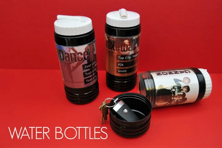  15oz 8" tall plastic Water Bottle can not only hold water it also has a storage compartment at the bottom that is perfect for keys and money when at the ball field. 