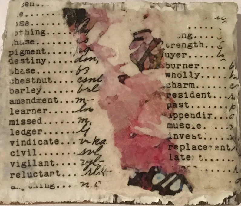 encaustic medium and paper on found wood 2"x2"