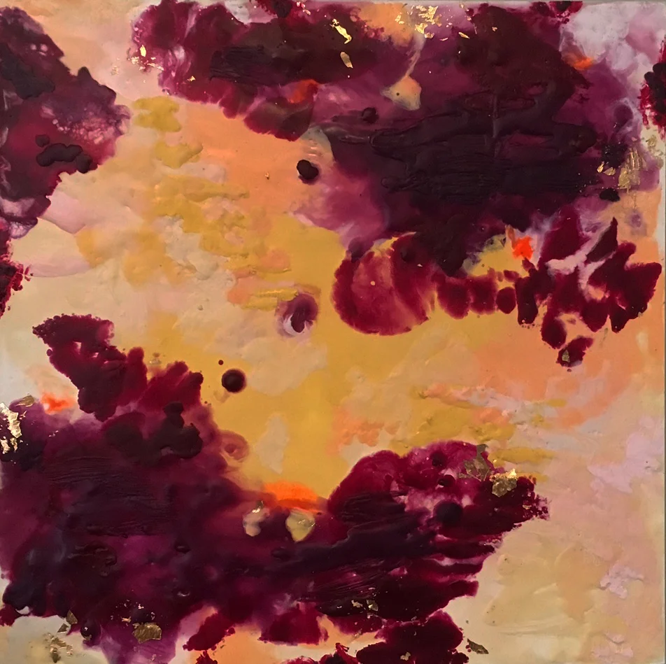 encaustic paint, oil stick and gold leaf on wood board 12"x12"