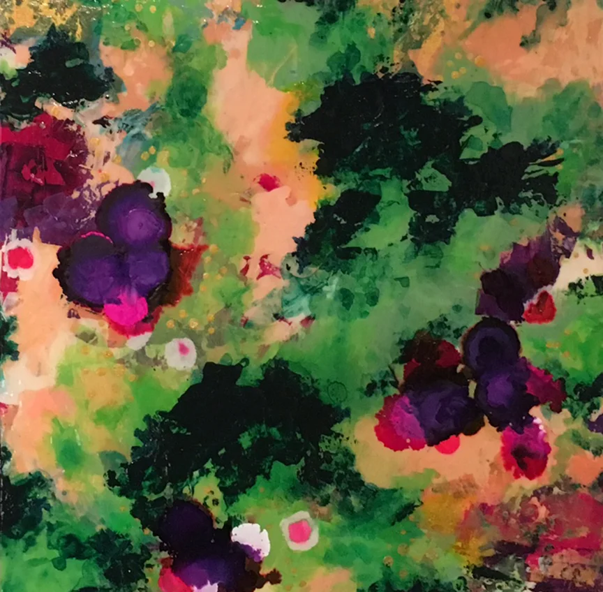 acrylic paint, alcohol ink, oil stick and self-leveling clear gel on wood board 12"x12"