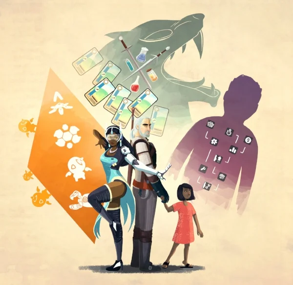 Three characters which show a level of diversity in storytelling in the video-gaming world: Symmetra on the left, Geralt from The Witcher in the centre, Champa from Missing: The Complete Saga on the right 