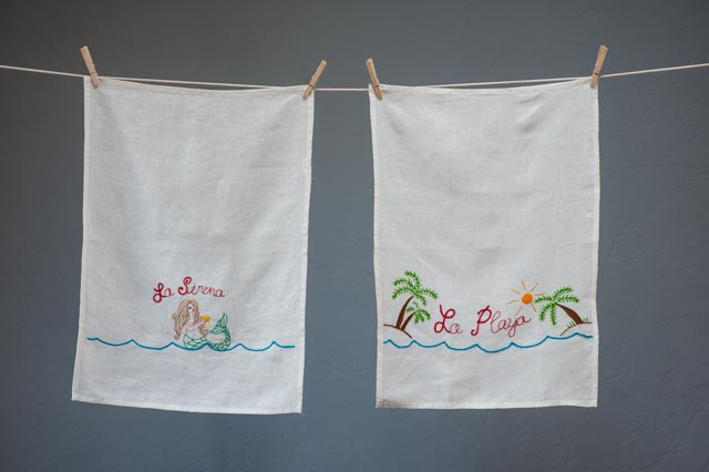 Today, we are here to announce our new Sal del Mar product line.. hand-embroidered tea towels and bar towels. . 