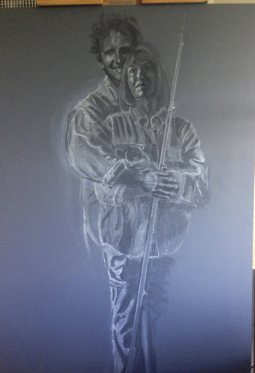 Chalk drawing using the Old Masters technique called verdaccio followed by the classical Italian style of painting a gray-green underpainting.