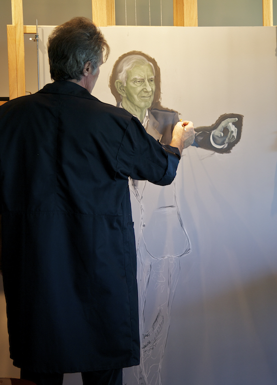 Adding the gray-green painted layer called verdaccio to the portrait of Nathanial Reed, one of the Guardians of the Everglades . 