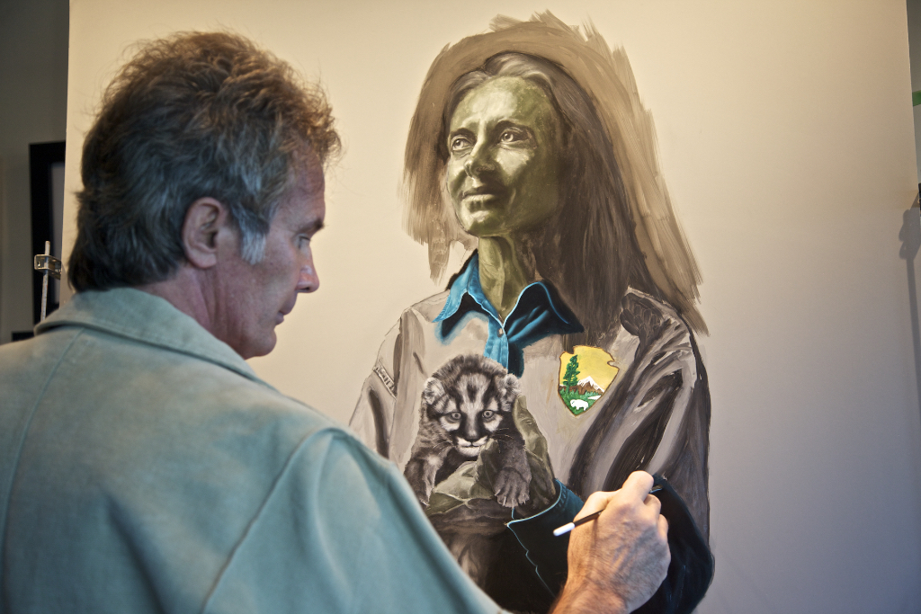  Nicholas adding color over the chalk and verdaccio (gray-green &nbsp;underpainting) to achieve realistic and luminous skin tones on  Guardian Deborah Jansen , Florida Panther Biologist. 