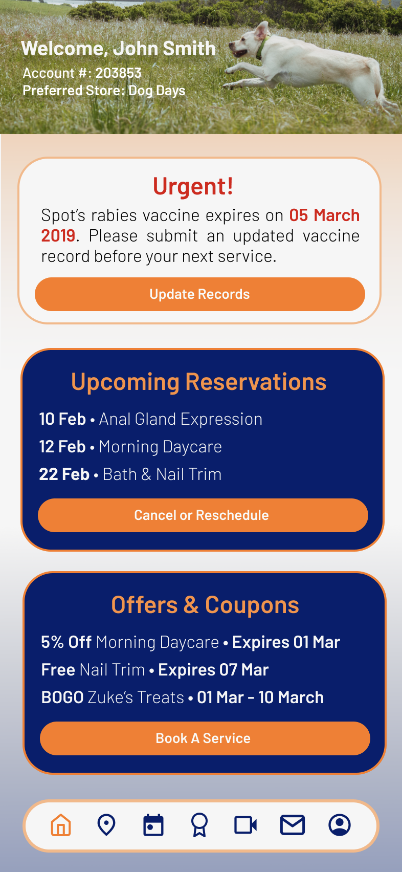 This home page was designed for customers to easily see their most pressing information; primarily alerts, reservations, and offers.