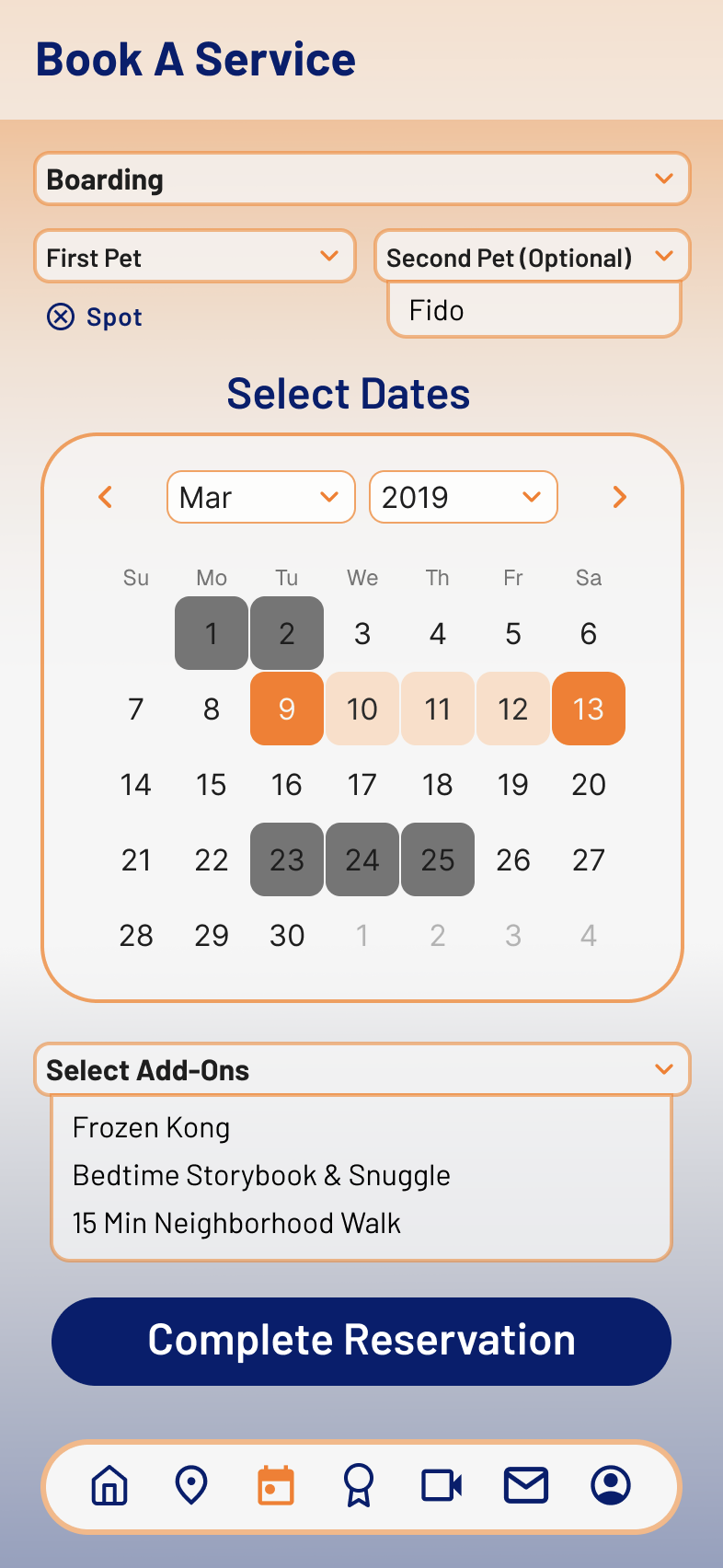 The booking screen was designed to be as simple as possible, compared to Gingr's overcomplicated page.