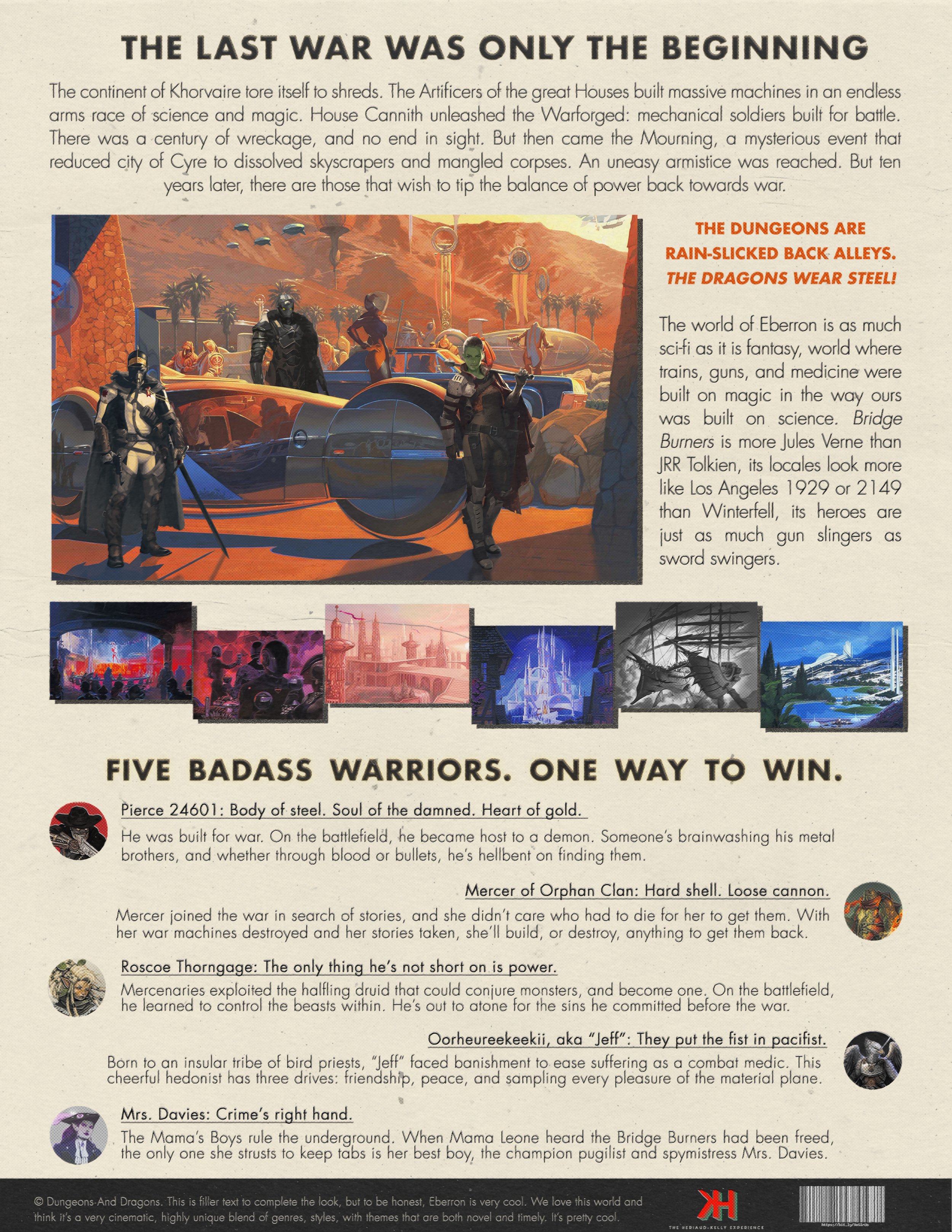 Back cover page for pitch document for "The Bridge Burners," a Eberron/Dungeons & Dragons television series pitched to eOne and Hasbro Entertainment, featuring made in Adobe Photoshop & Adobe Illustrator