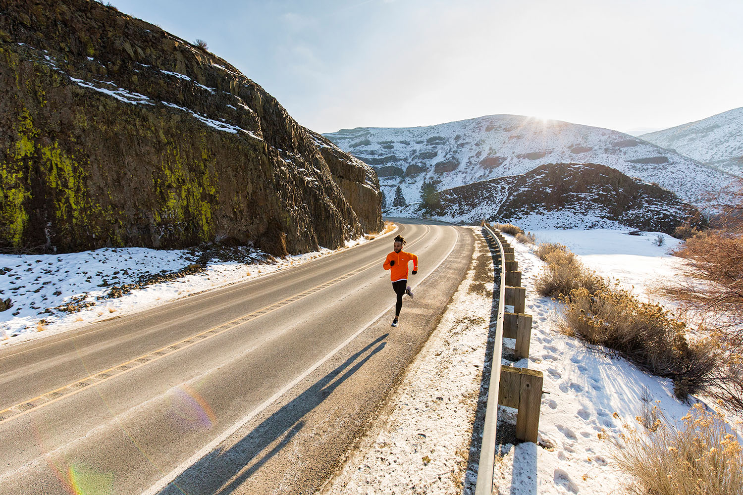  Adventure: Chris Motley road running in Yakima Canyon in winter, Central Cascades, Washington 