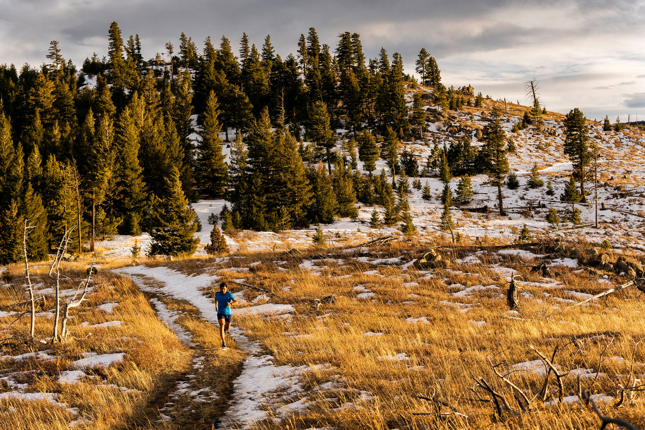  Adventure: Basit Mustafa trail running through the subalpine in winter, Rocky Mountains, Colorado 