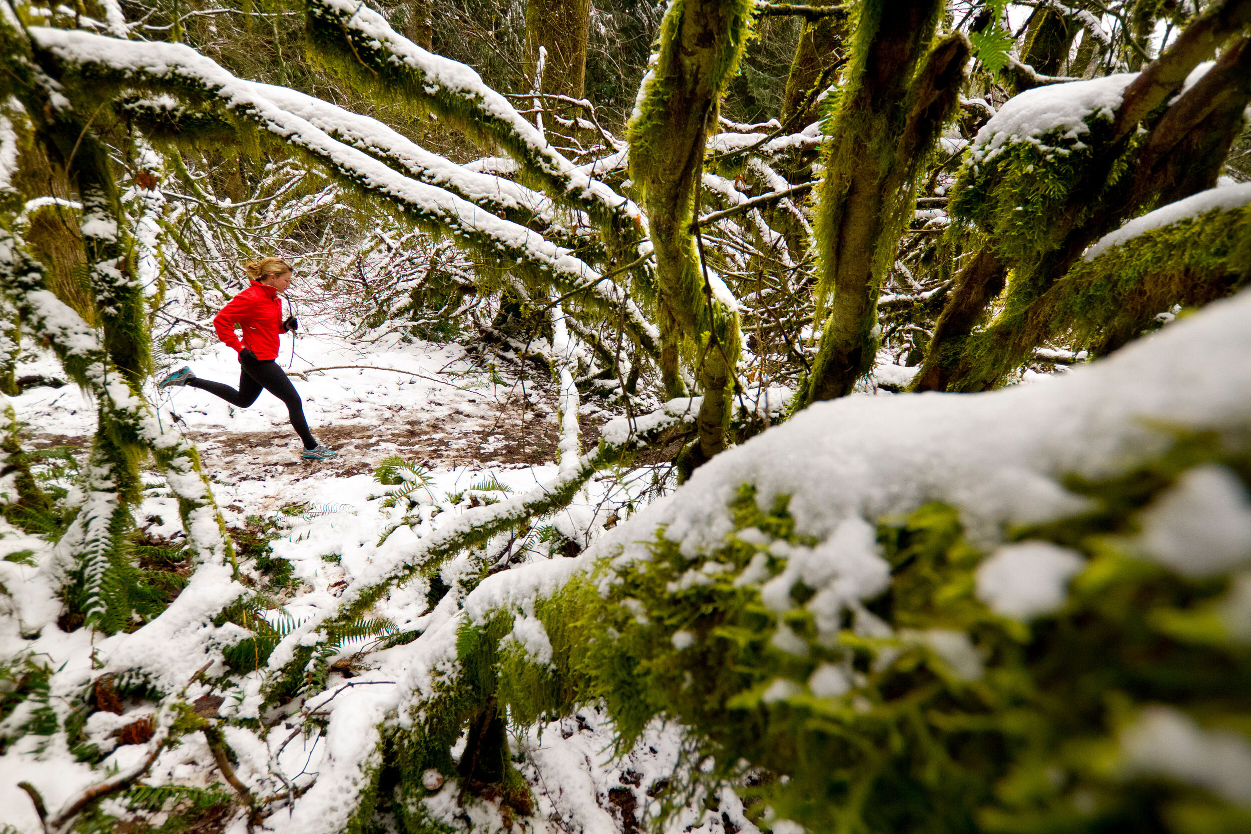  Adventure: A young woman trail running in the snow, Tiger Mountain State Forest, Central Cascades, Washington 