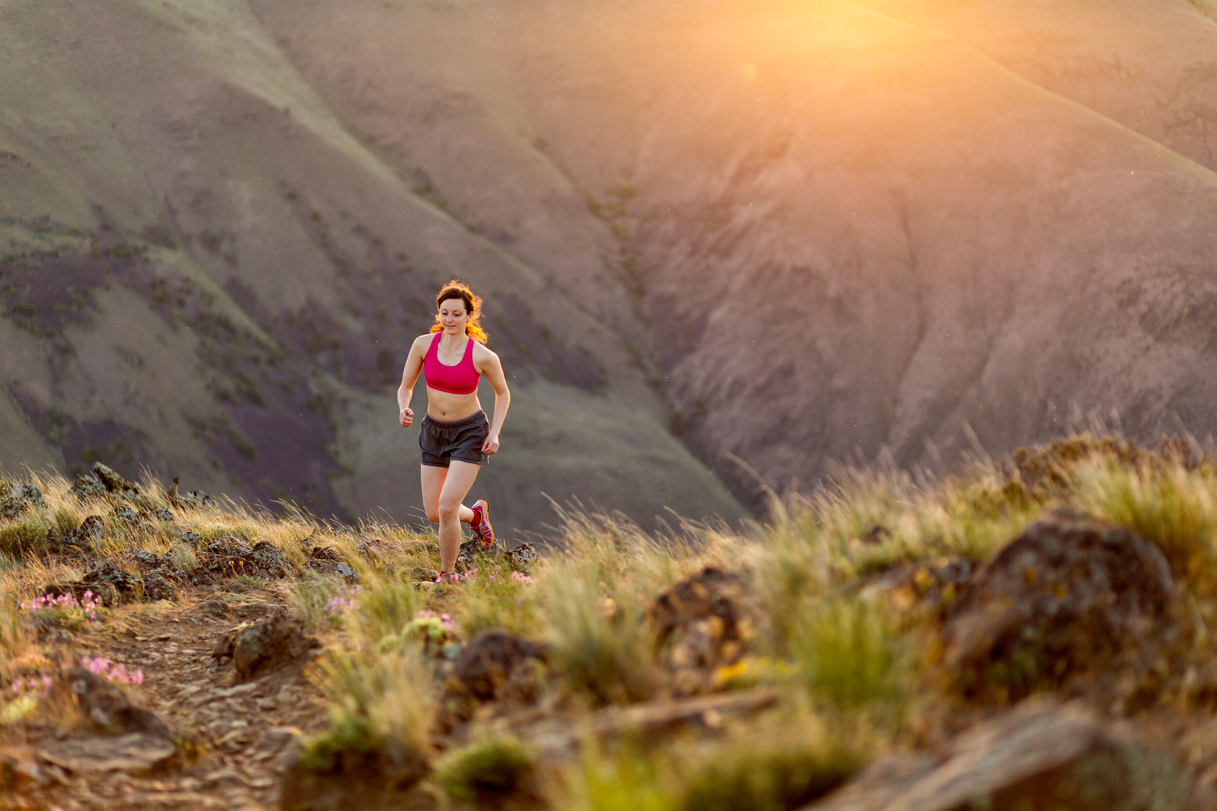  Adventure: Elizabeth Kovar trail running above Yakima Canyon at sunset, Cascade Foothills, Washington 