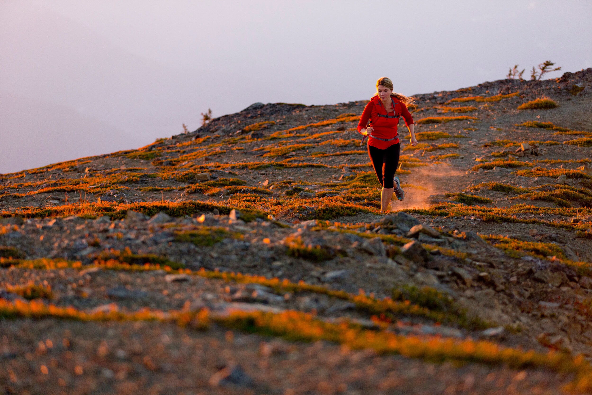  Adventure: A young woman trail running below Mt. Baker, Mt. Baker Wilderness, Washington 