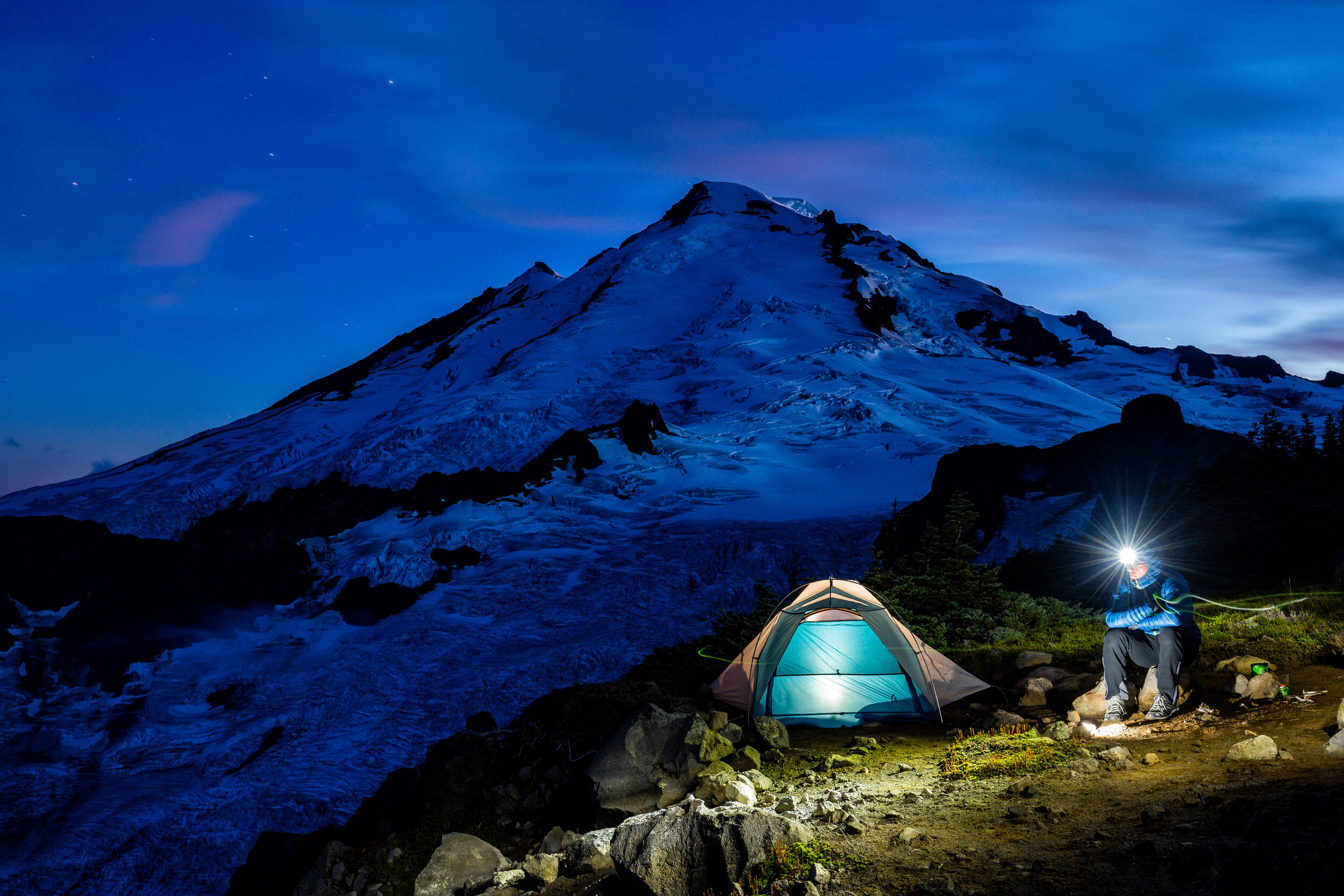  Adventure: Michael Hildebrand camping below Mt. Baker at twilight, Mt. Baker Wilderness, Washington 
