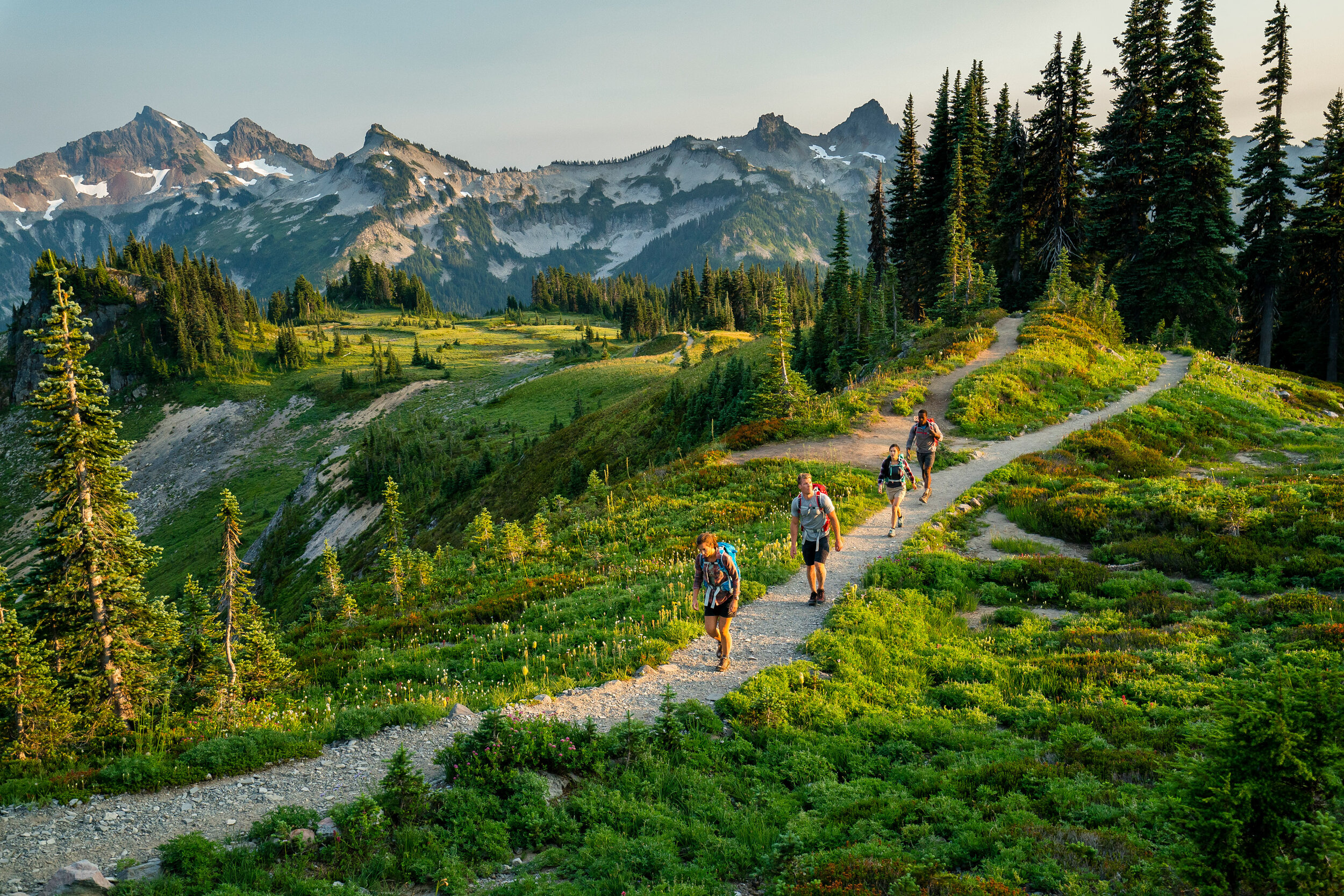  Adventure: A group of friends hiking in the backcountry in Mt. Rainier National Park 