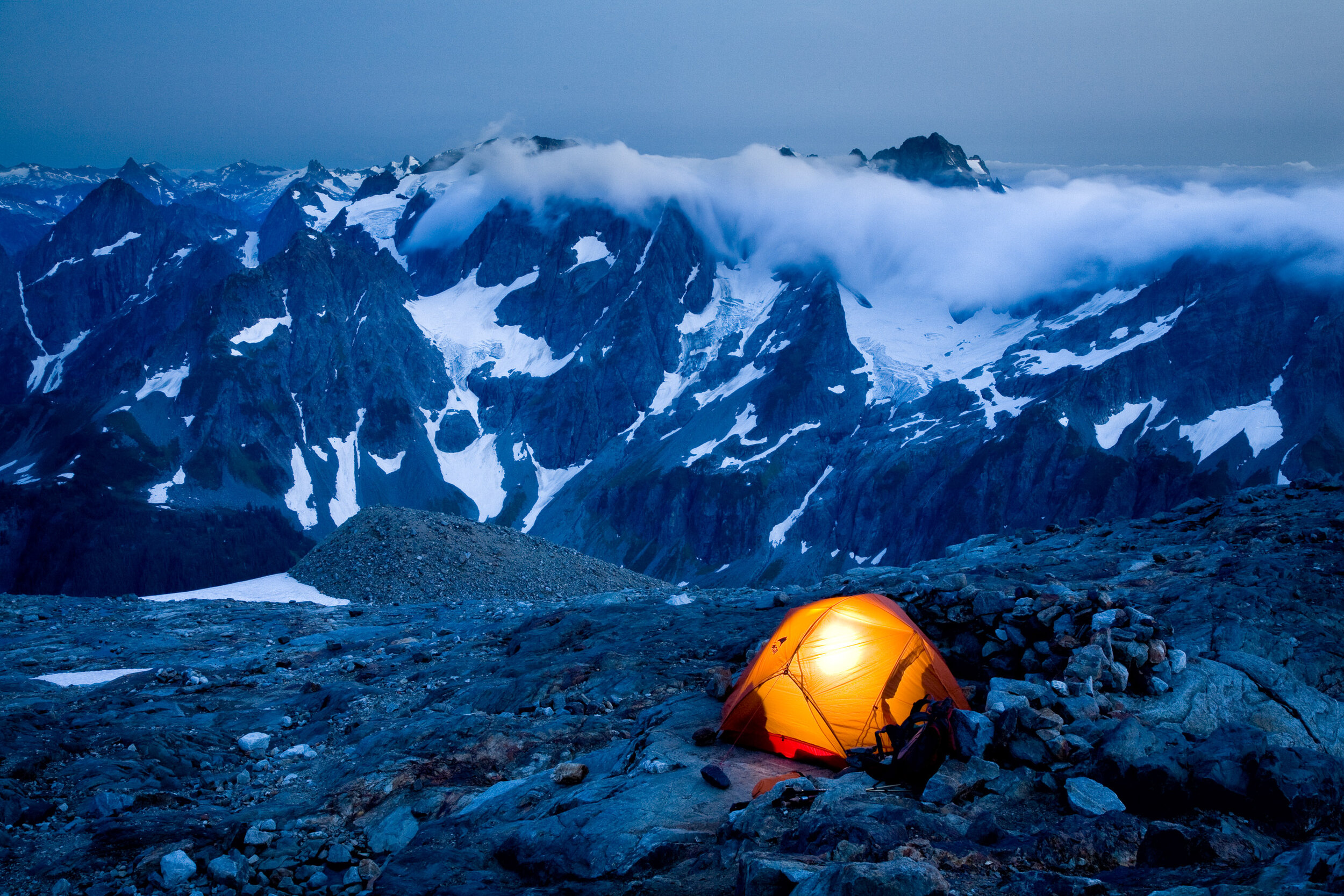  Adventure: Camping at below Sahale Peak at dusk, North Cascades National Park 