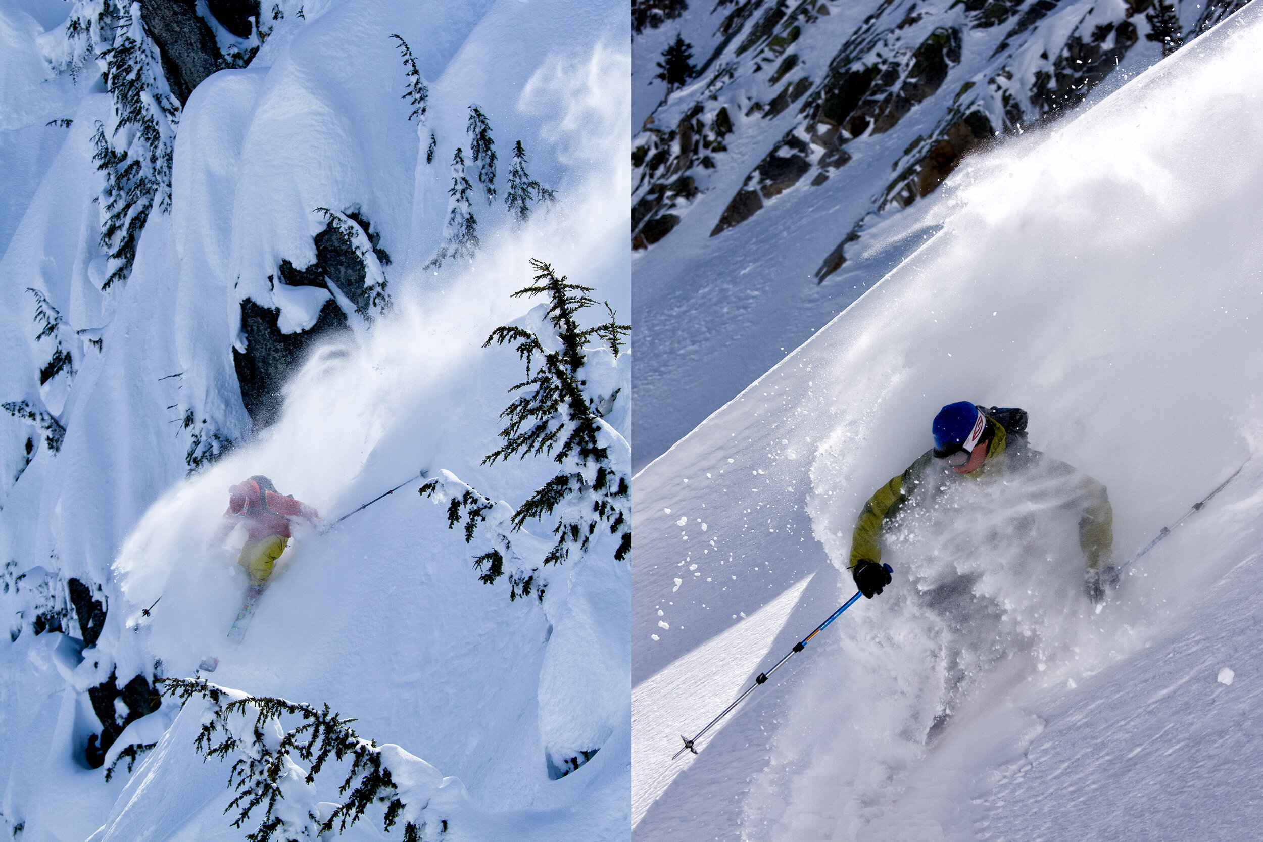  Adventure: Left: Karter Riach skiing in the Stevens Pass backcountry, Central Cascades; Right: Will Sumner skiing in the Wasatch backcountry, Wolverine Cirque, Utah 