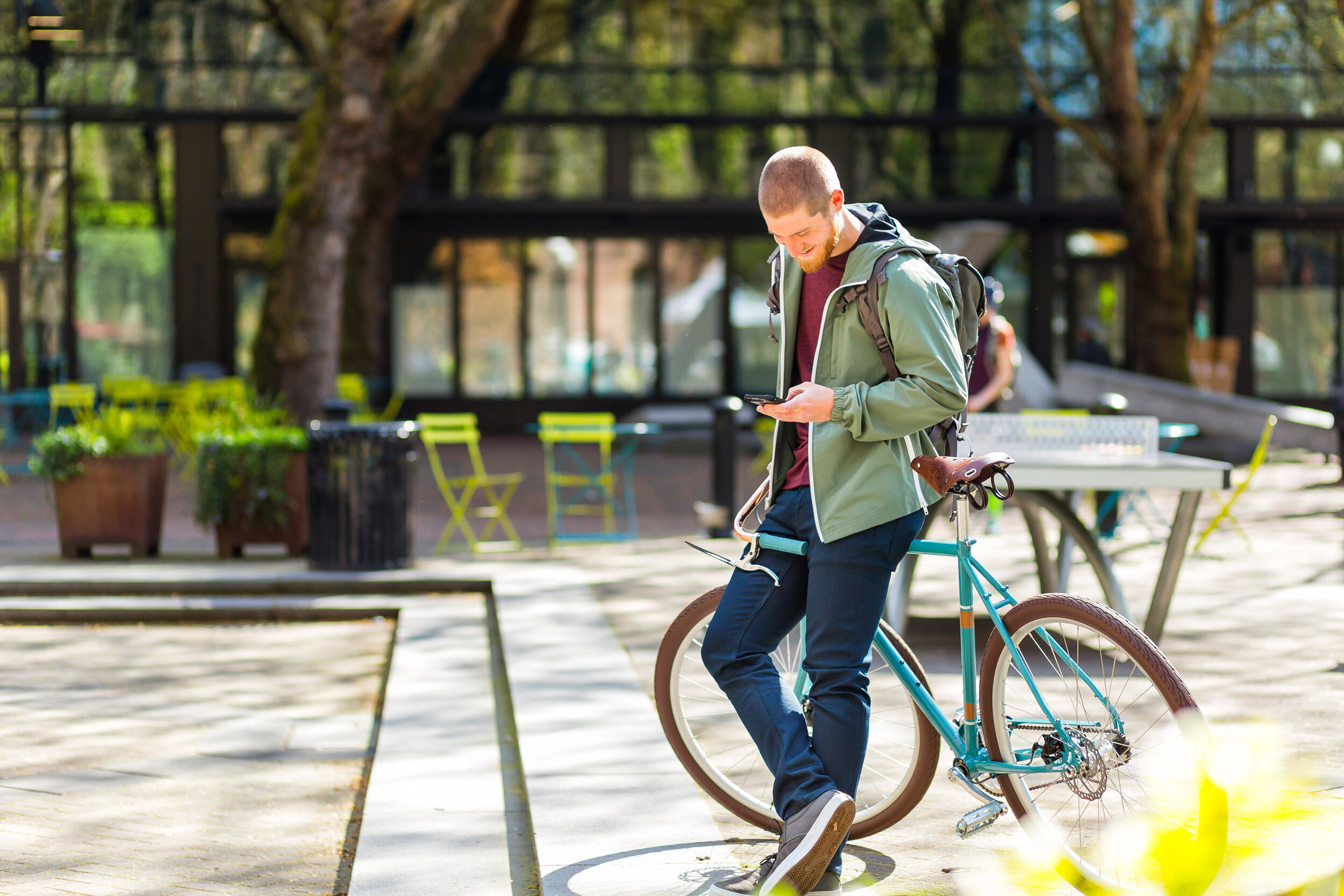  Lifestyle: Tyler Metcalfe takes a break while biking in Pioneer Square, downtown Seattle, Washington 