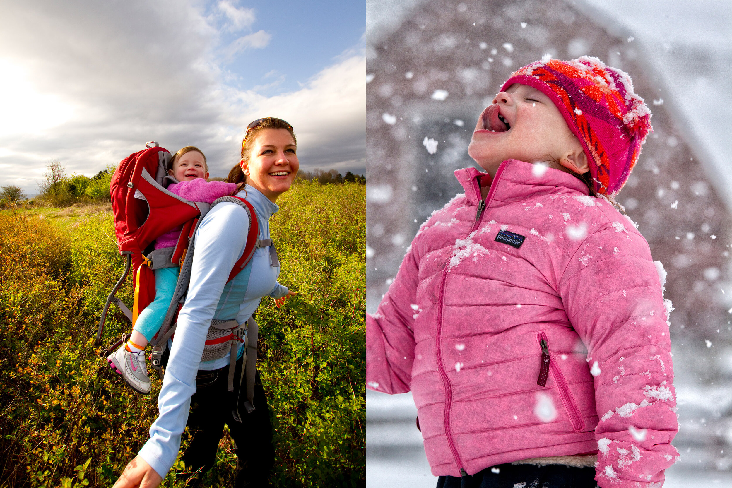  Lifestyle: Left: A young woman hiking with a toddler in a backpack at Discovery Park, Seattle. Right: Sophie Matera playing in the snow during a snowstorm, Methow Valley, Mazama, Washington 