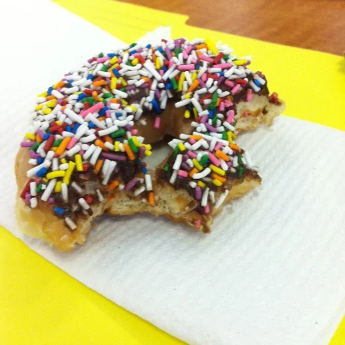 I love donuts, but this one was strictly for reference. The only way for me to capture that confetti on the ground was to do some "research."
