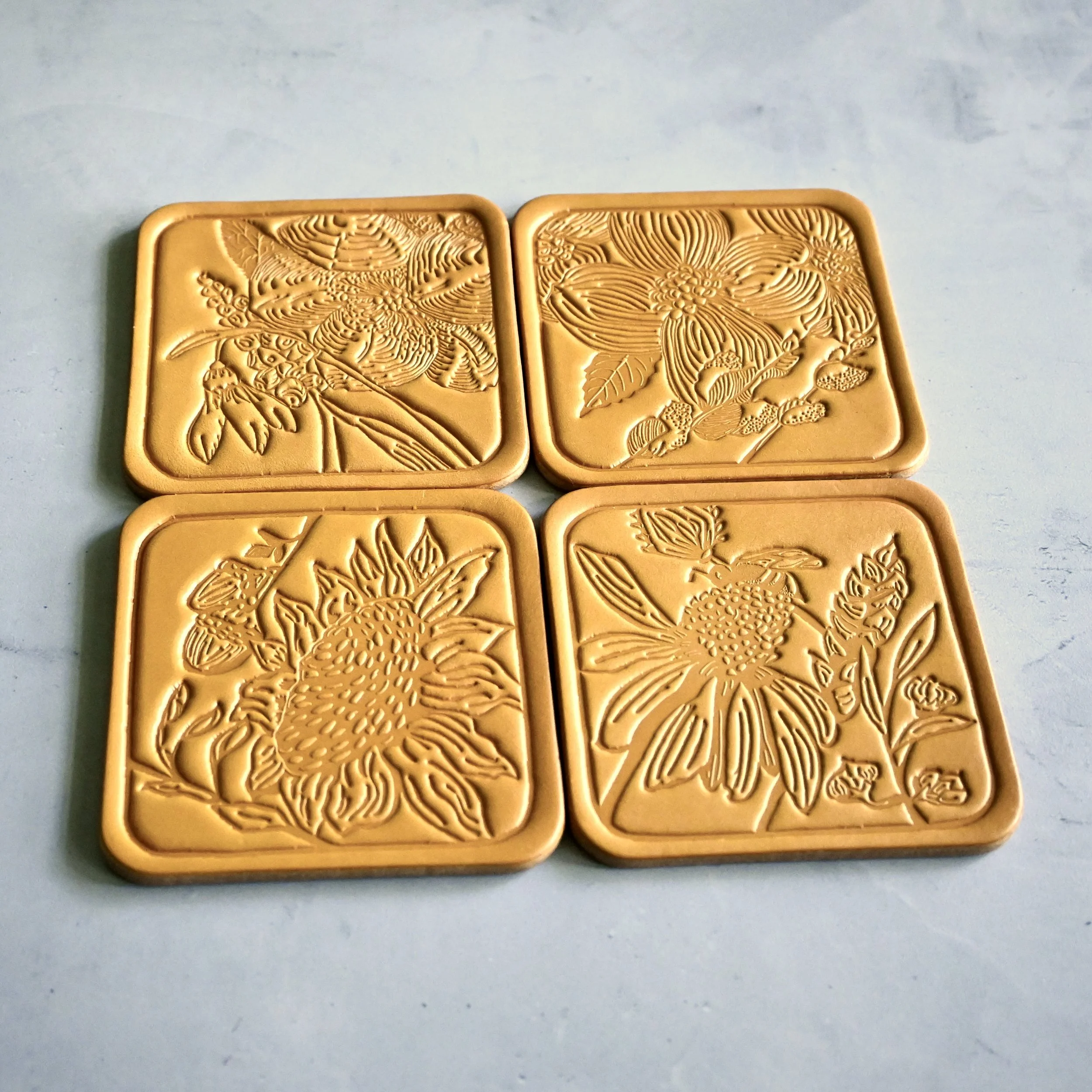 Mustard Yellow Leather Coasters with Garden Flowers .JPG