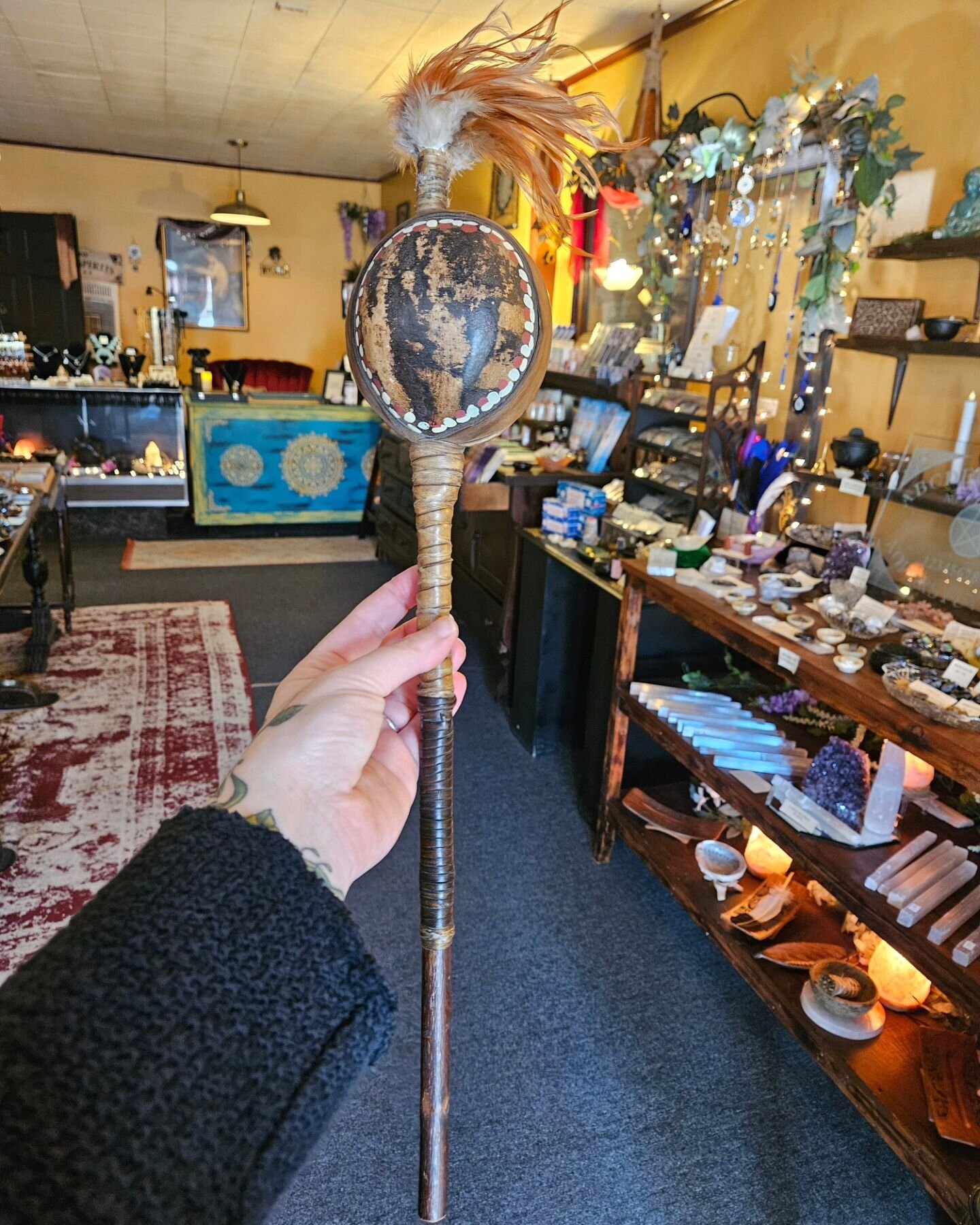 Just in! One of a kind antique ceremonial gourd rattle. (Previously owned by Raven) Genuine leather &amp; feathers. 22 inches long. 
Native Indigenous created. 
Only ONE in the shop. $150
Will ship!