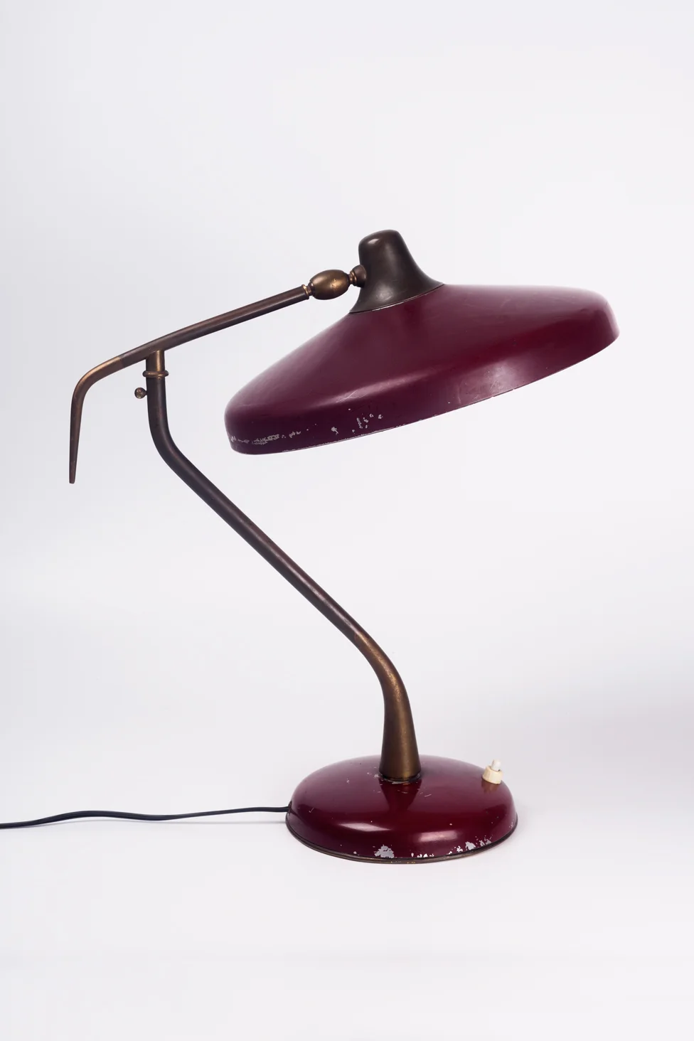 Vintage Italian Lamp by Oscar Torlasco for Lumi in Brass and Burgundy Metal Italy 1950s