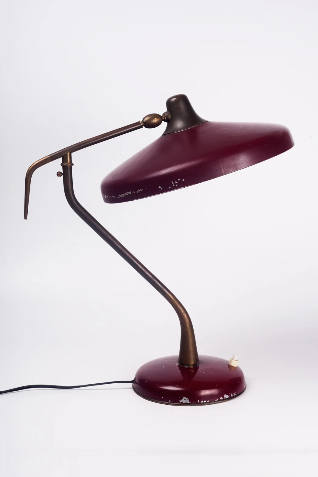 Vintage Italian Lamp by Oscar Torlasco for Lumi in Brass and Burgundy Metal Italy 1950s