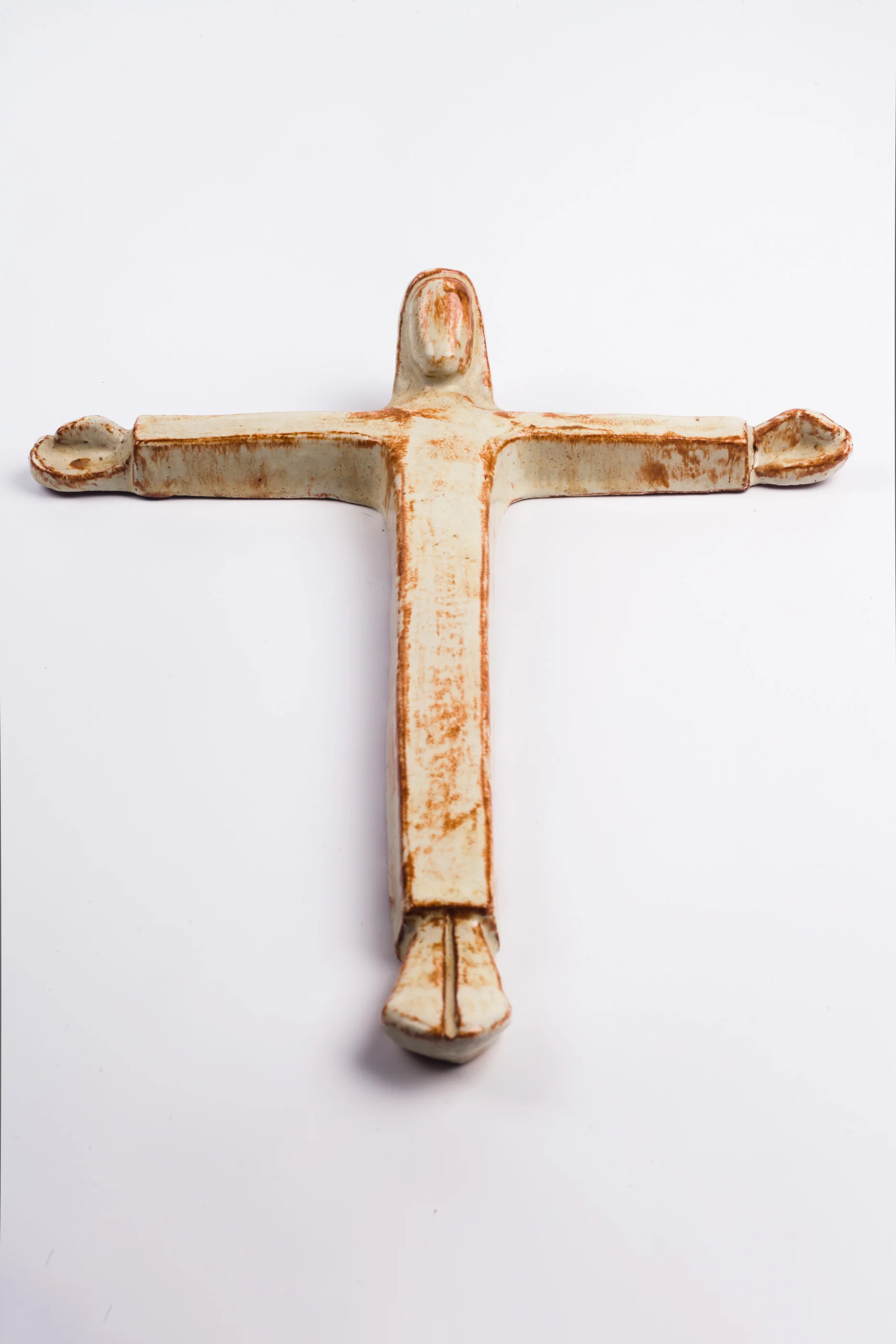 Wall Crucifix in Ceramic, Hand-Painted, White, Sienna, Made in Belgium 1950s