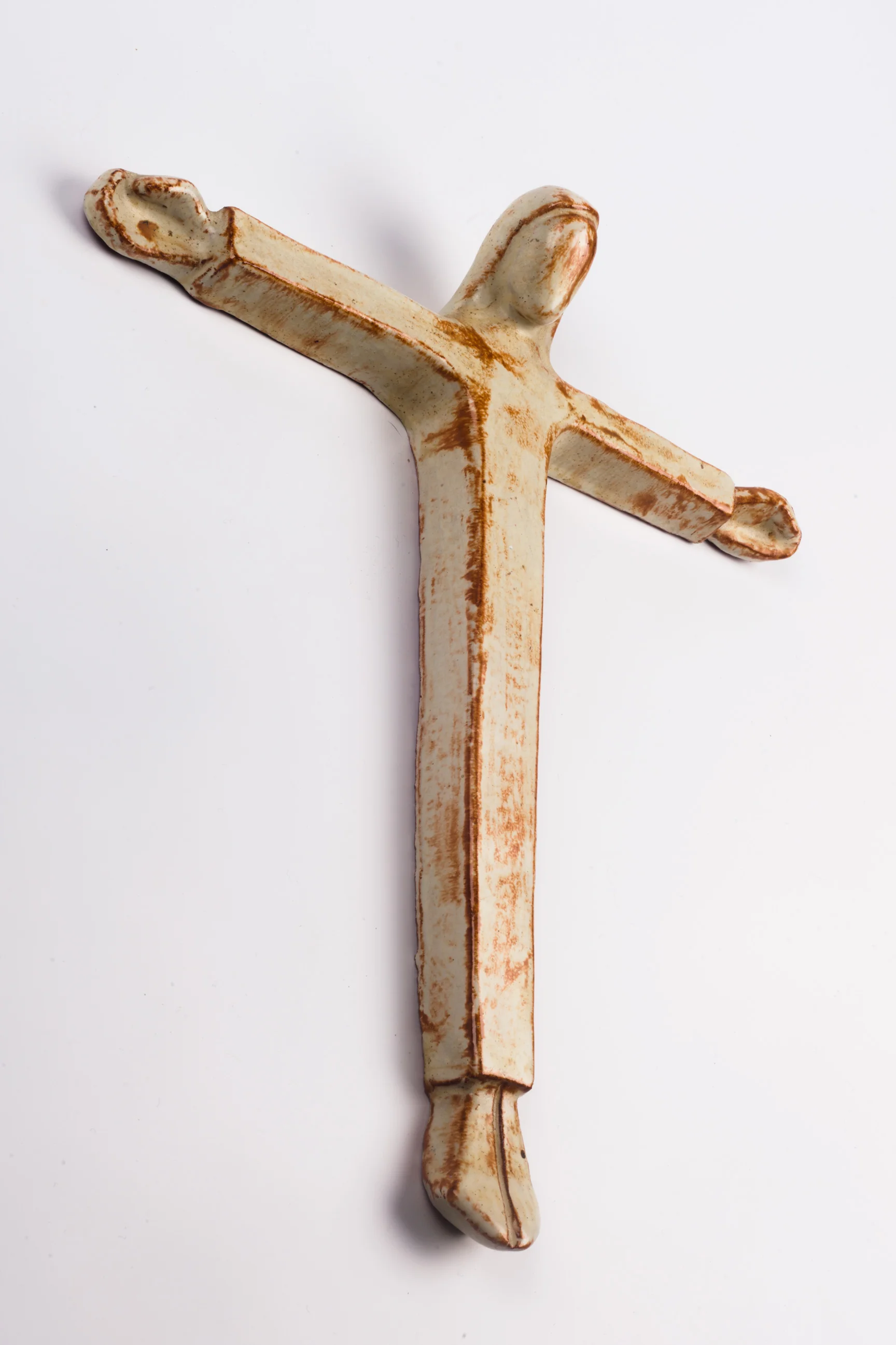Wall Crucifix in Ceramic, Hand-Painted, White, Sienna, Made in Belgium 1950s