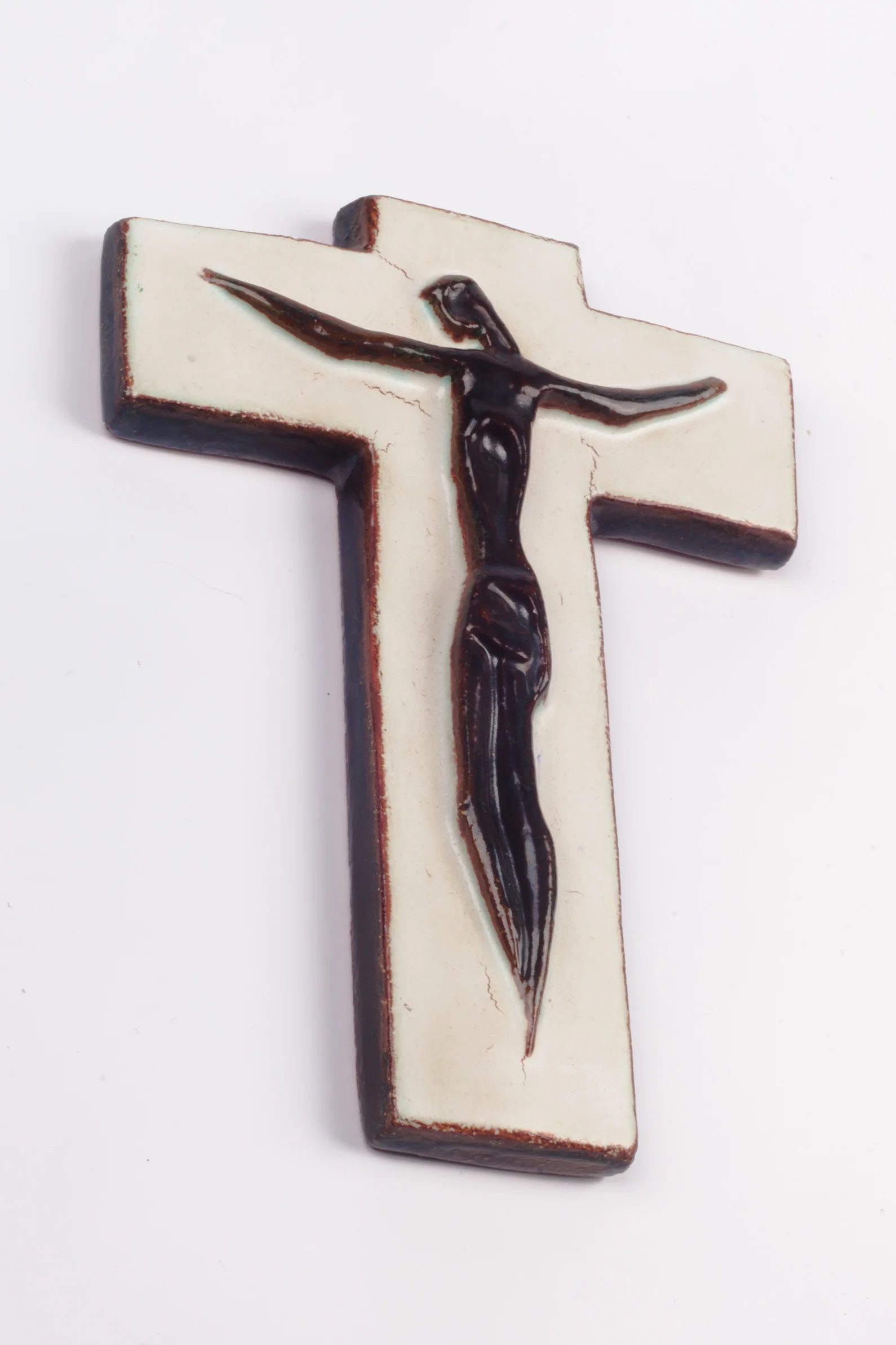 Wall Crucifix, Ceramic, Hand-Painted, White, Brown, Made in Belgium 1950s