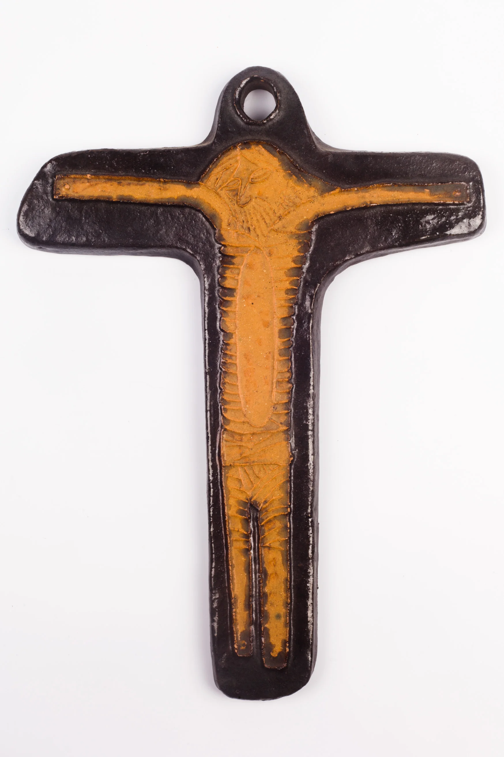Wall Crucifix in Ceramic, Hand-Painted, Brown, Sienna, Made in Belgium 1980s