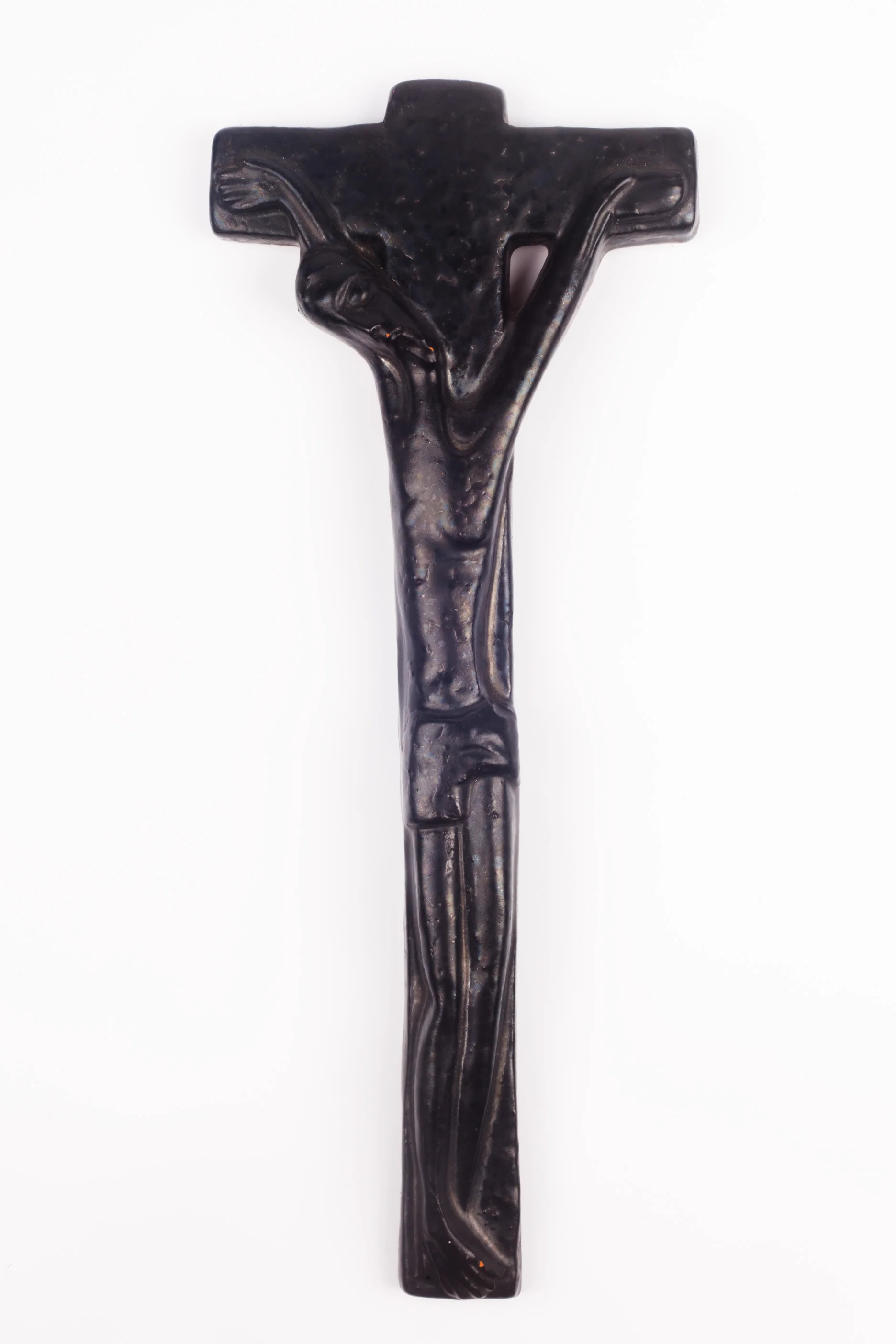 Wall Crucifix in Glazed Ceramic, Black, Made in Belgium, Belgium 1950s