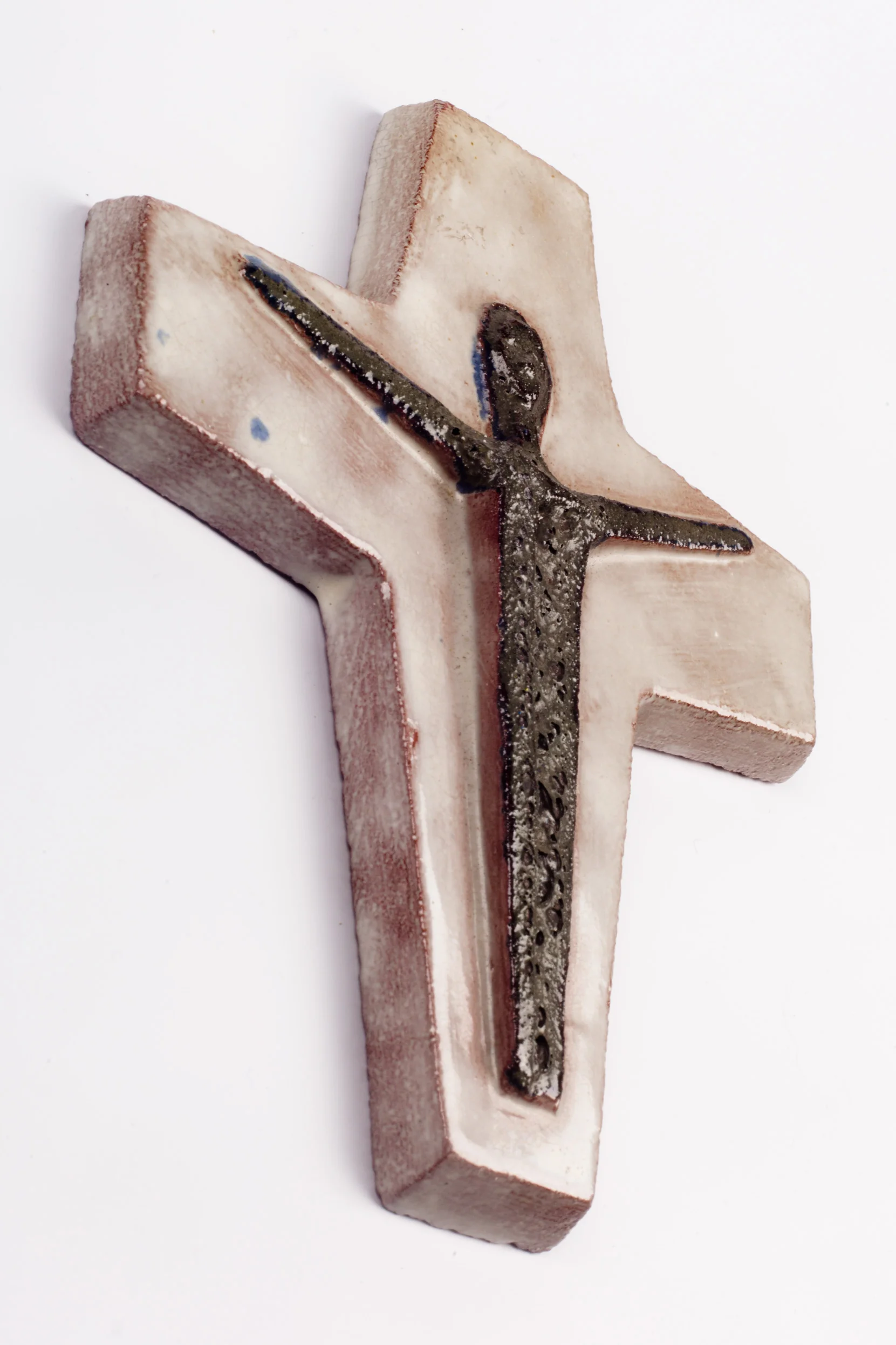 Wall Crucifix, Hand-Painted Ceramic White, Brown, Fat Lava, Belgium, Belgium 1970s