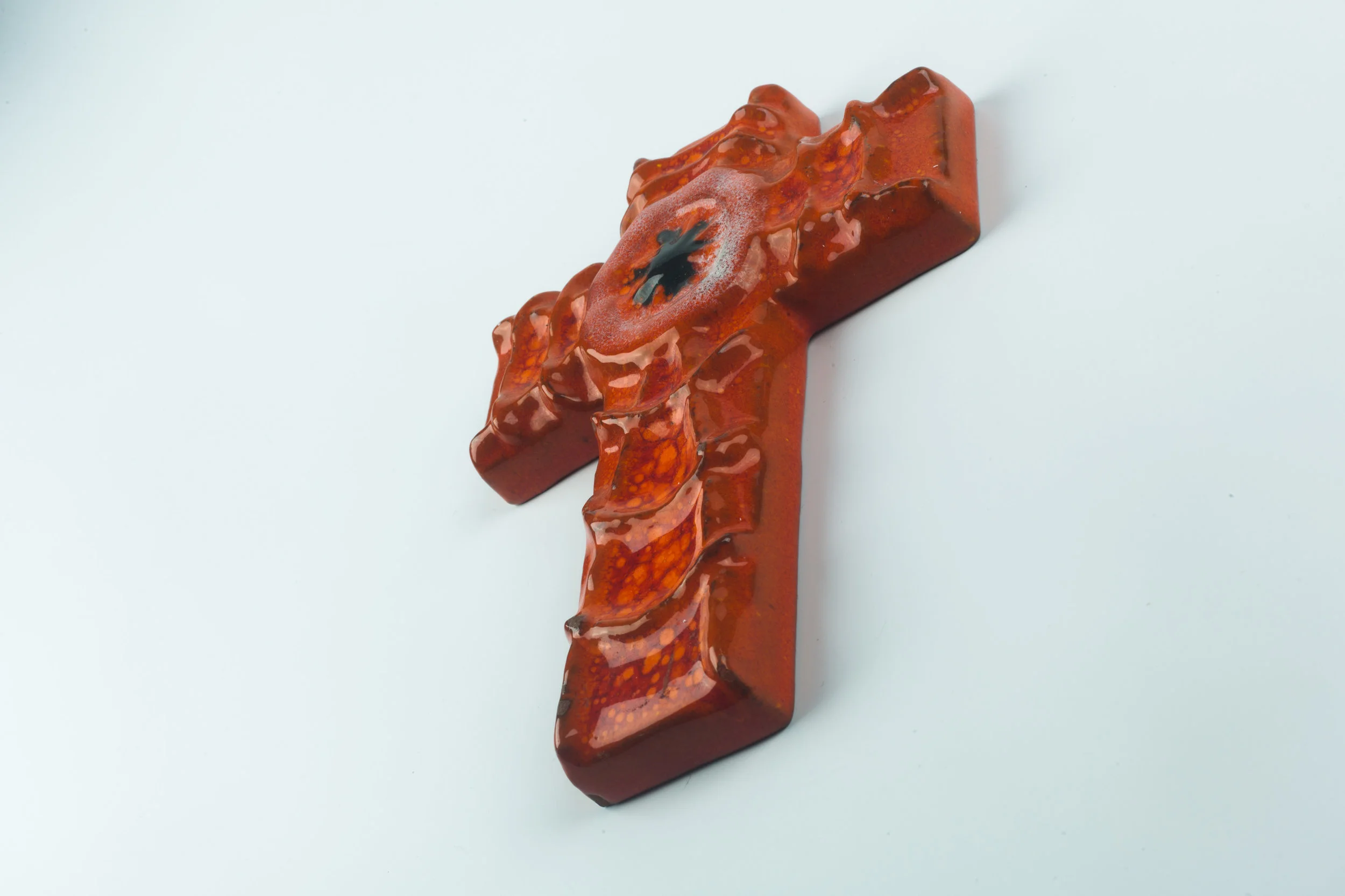 Wall Cross in Ceramic, Orange, Black, Handmade in Belgium 1970s