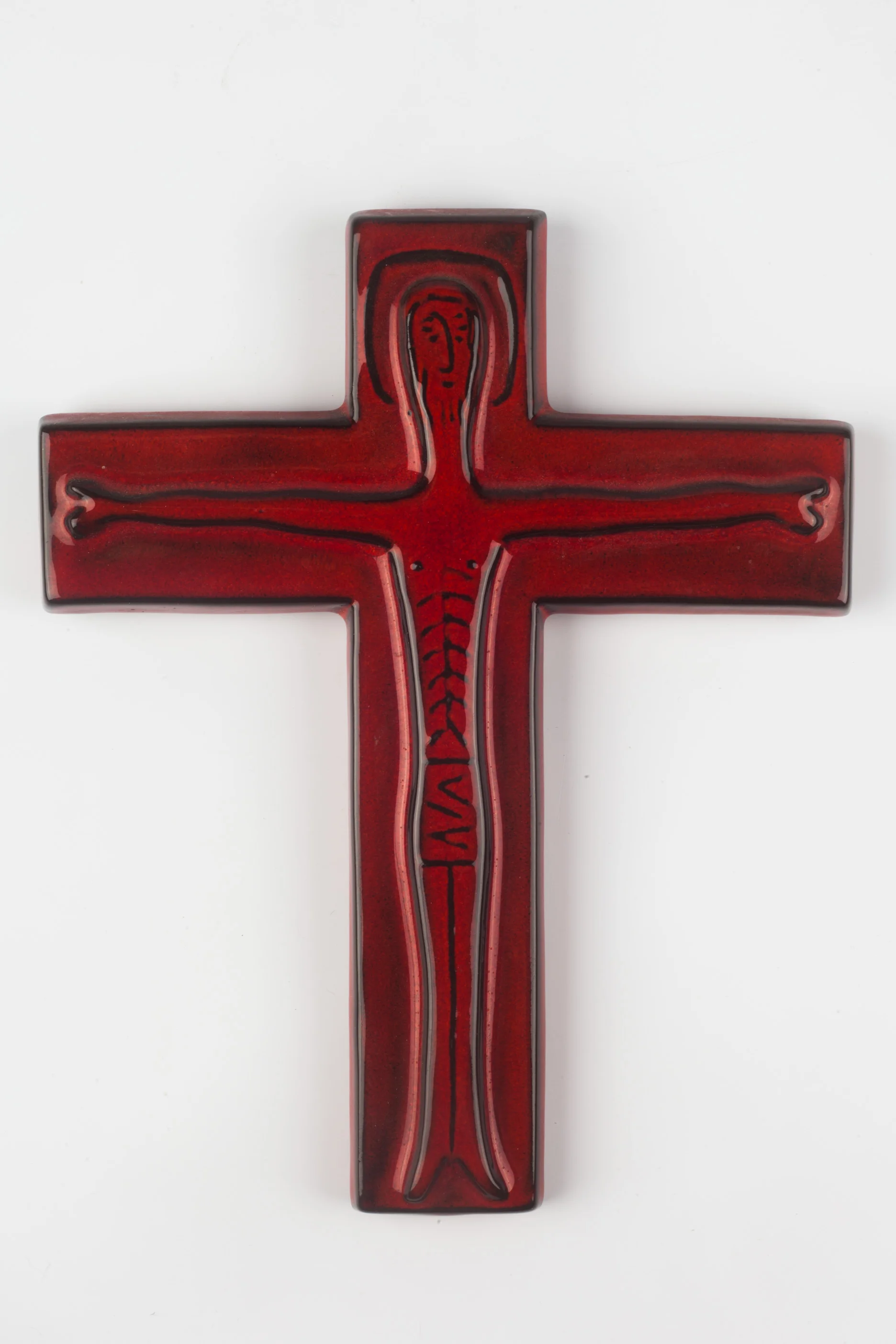 Wall Cross in Ceramic, Red, Black, Handmade in Belgium 1960s