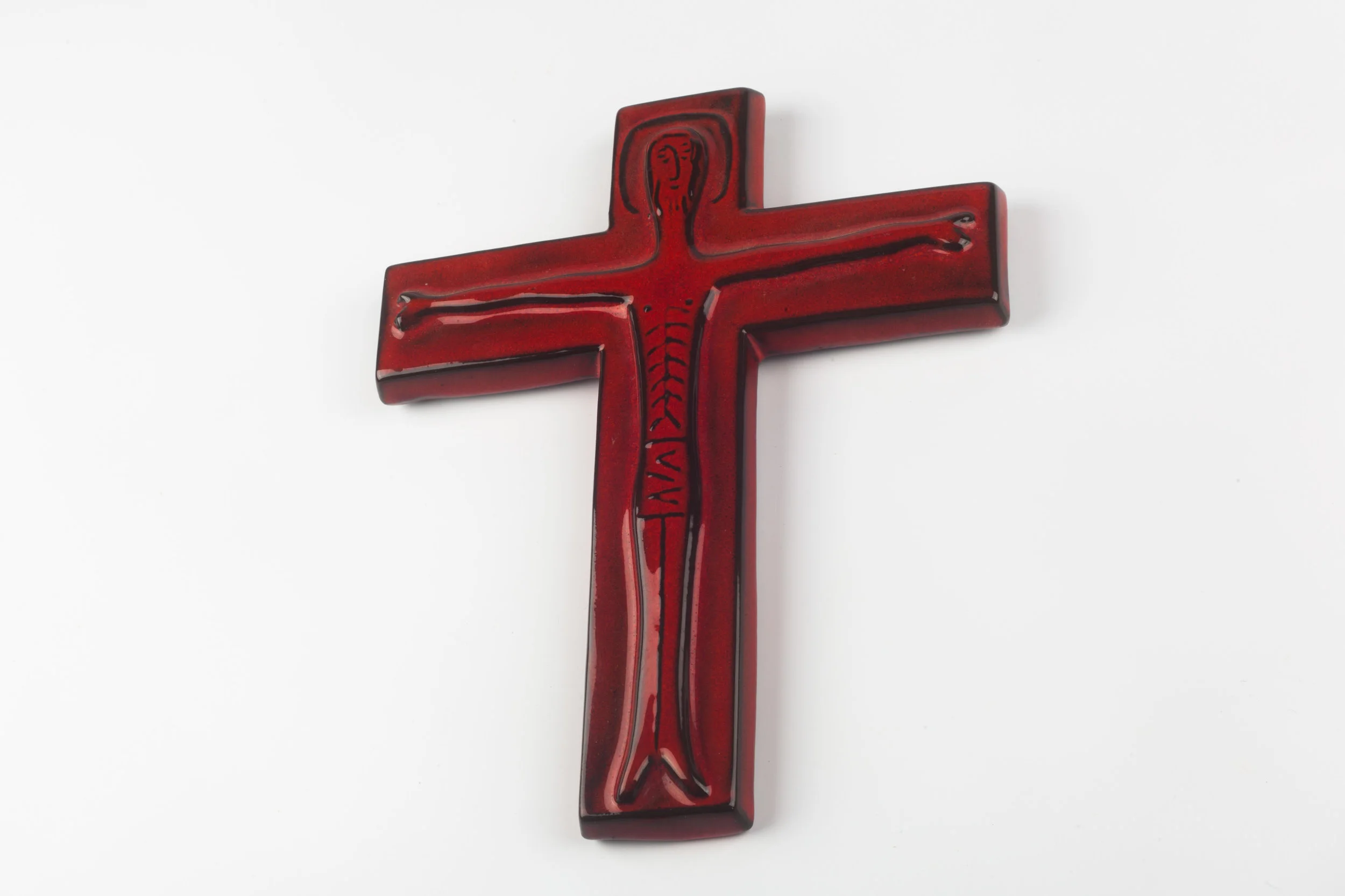 Wall Cross in Ceramic, Red, Black, Handmade in Belgium 1960s