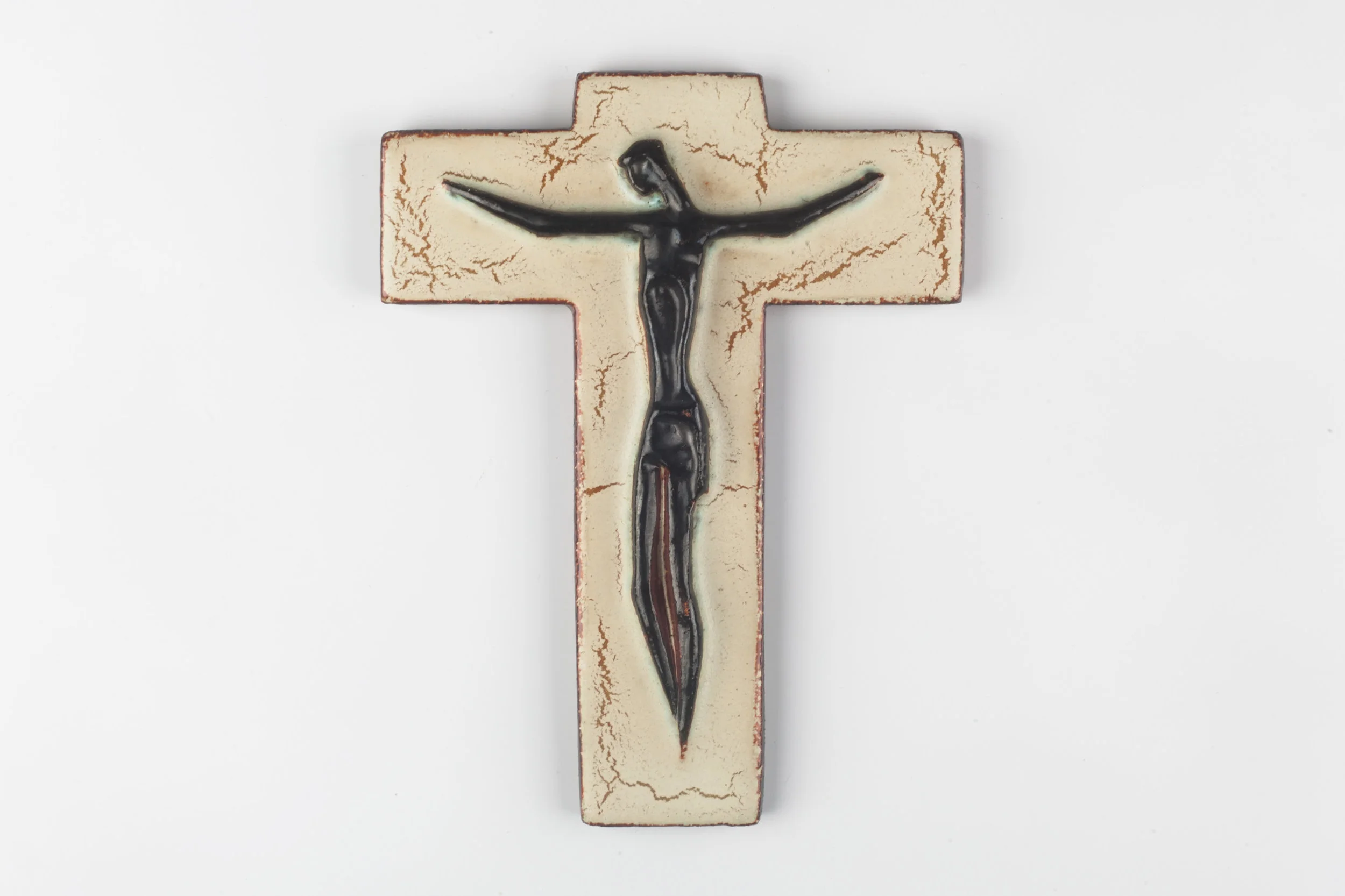 Wall Cross in Ceramic, Black, Brown, Beige, Handmade in Belgium 1950s