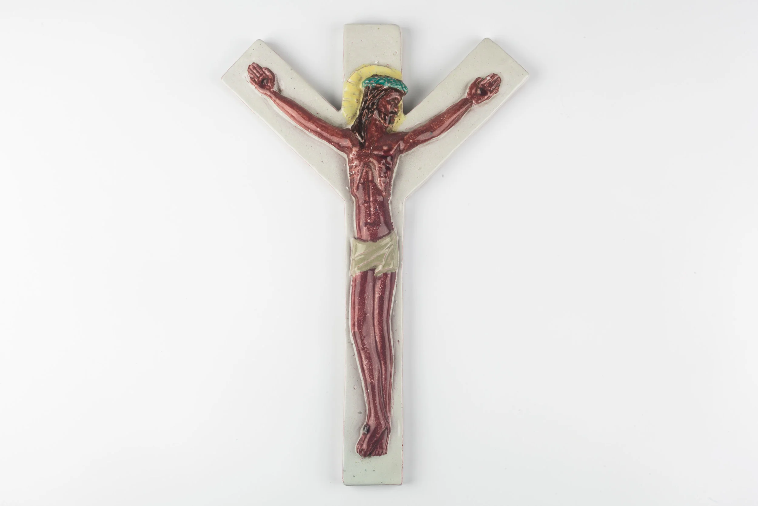 Wall Cross in Ceramic, Brown, Yellow, Teal, White, Handmade in Belgium 1970s