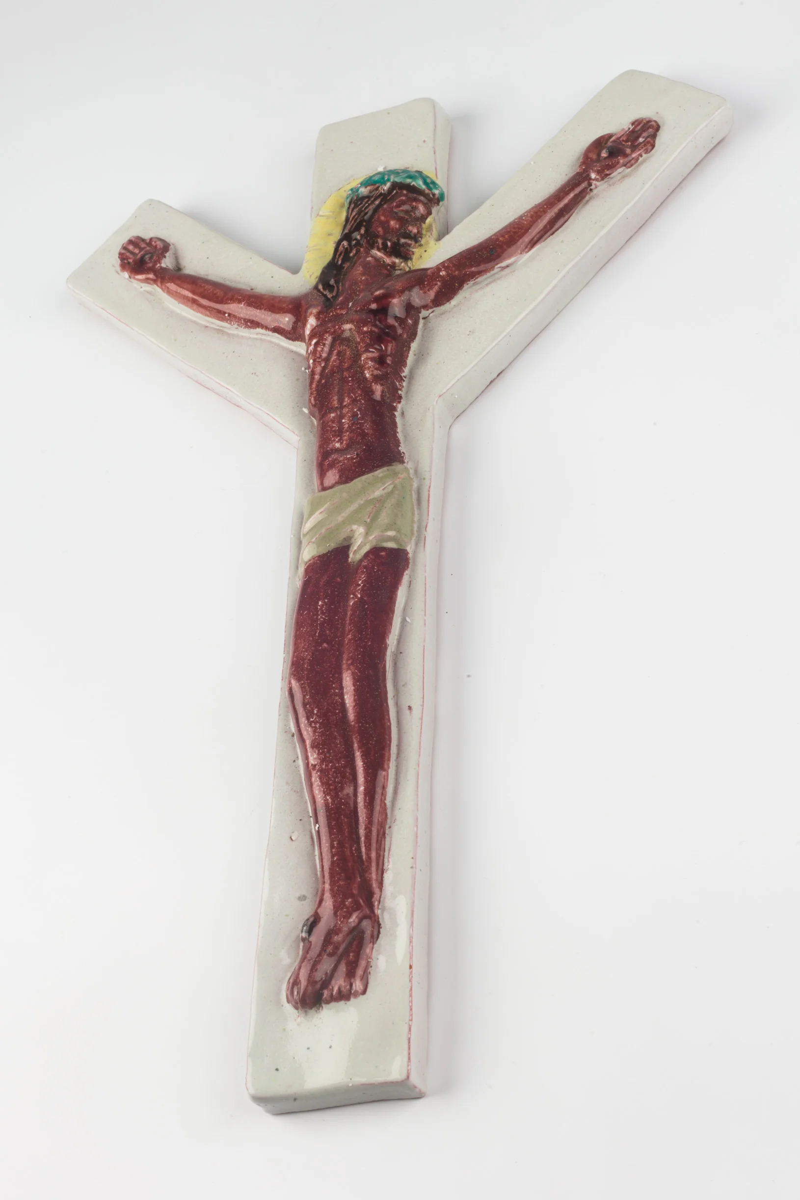 Wall Cross in Ceramic, Brown, Yellow, Teal, White, Handmade in Belgium 1970s