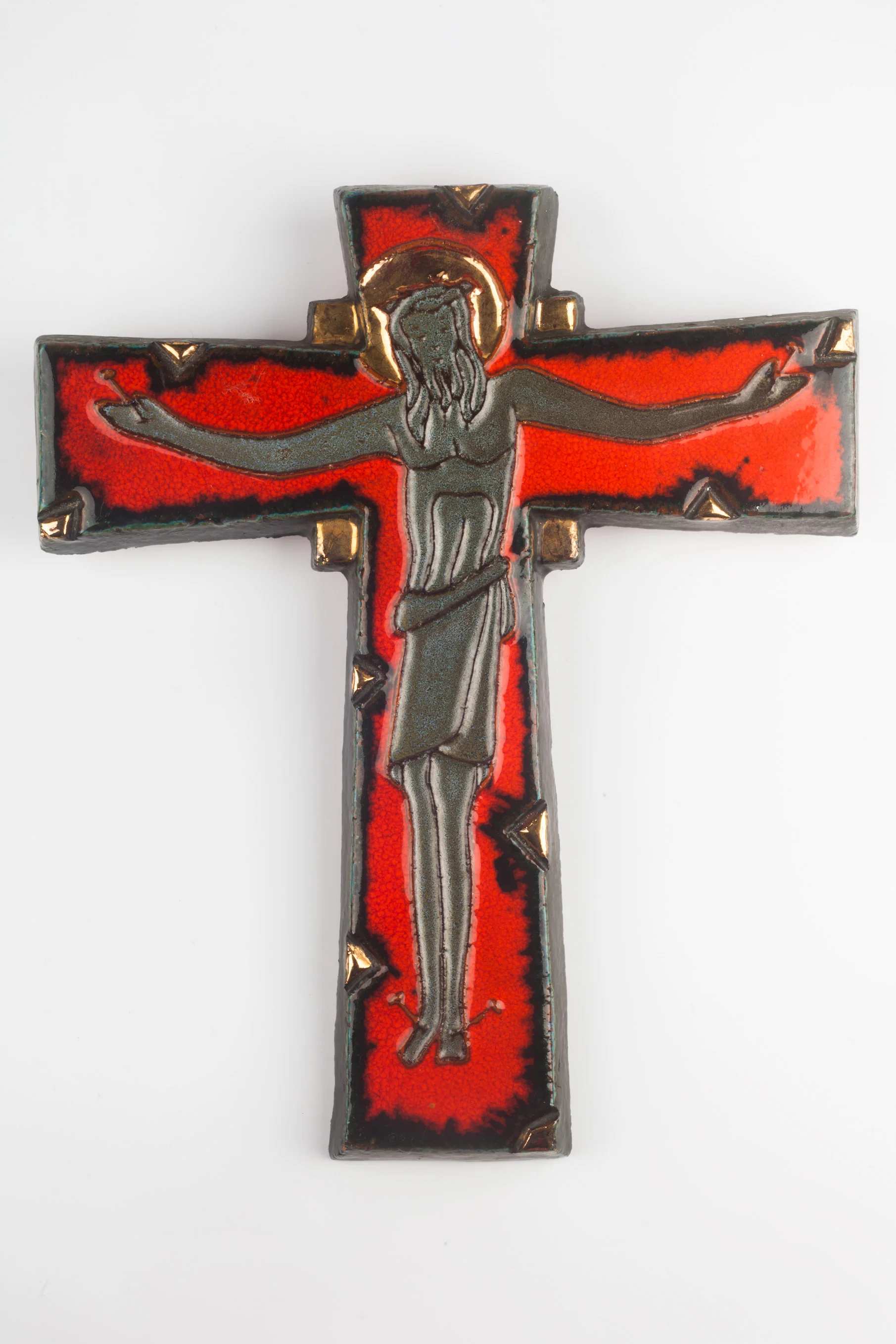 Large Wall Cross, Red, Black, Gold Painted Ceramic, Handmade in Belgium, Belgium 1950s