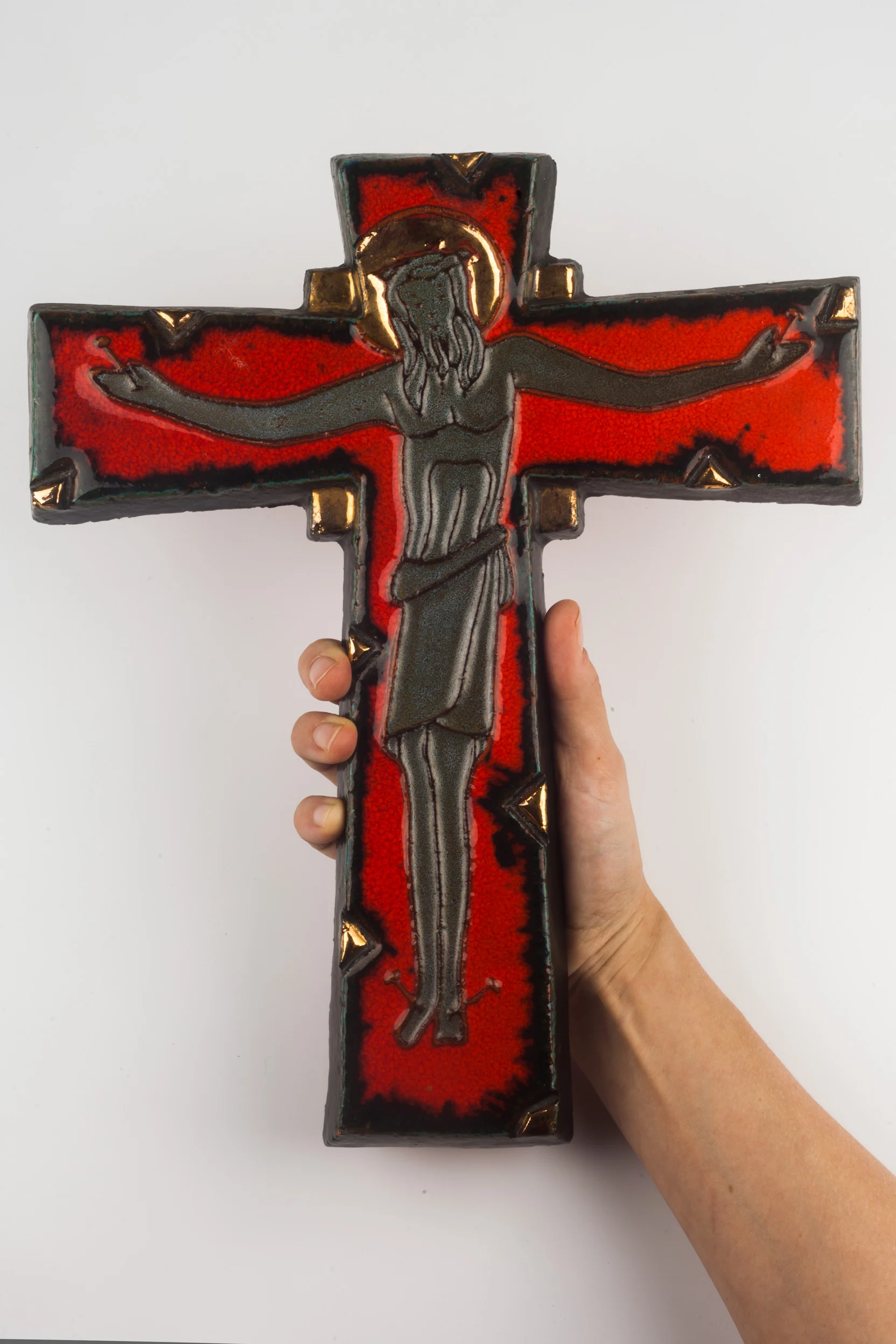 Large Wall Cross, Red, Black, Gold Painted Ceramic, Handmade in Belgium, Belgium 1950s