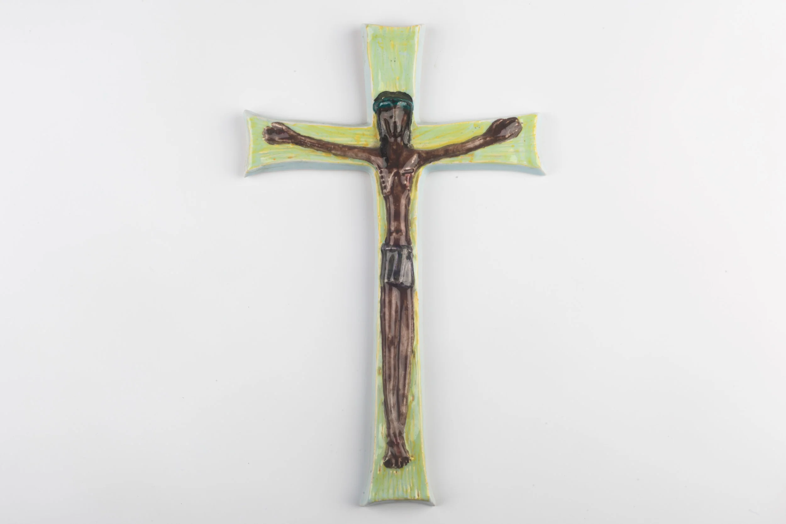 Wall Cross, Green, Brown Painted Ceramic, Handmade in Belgium 1960s