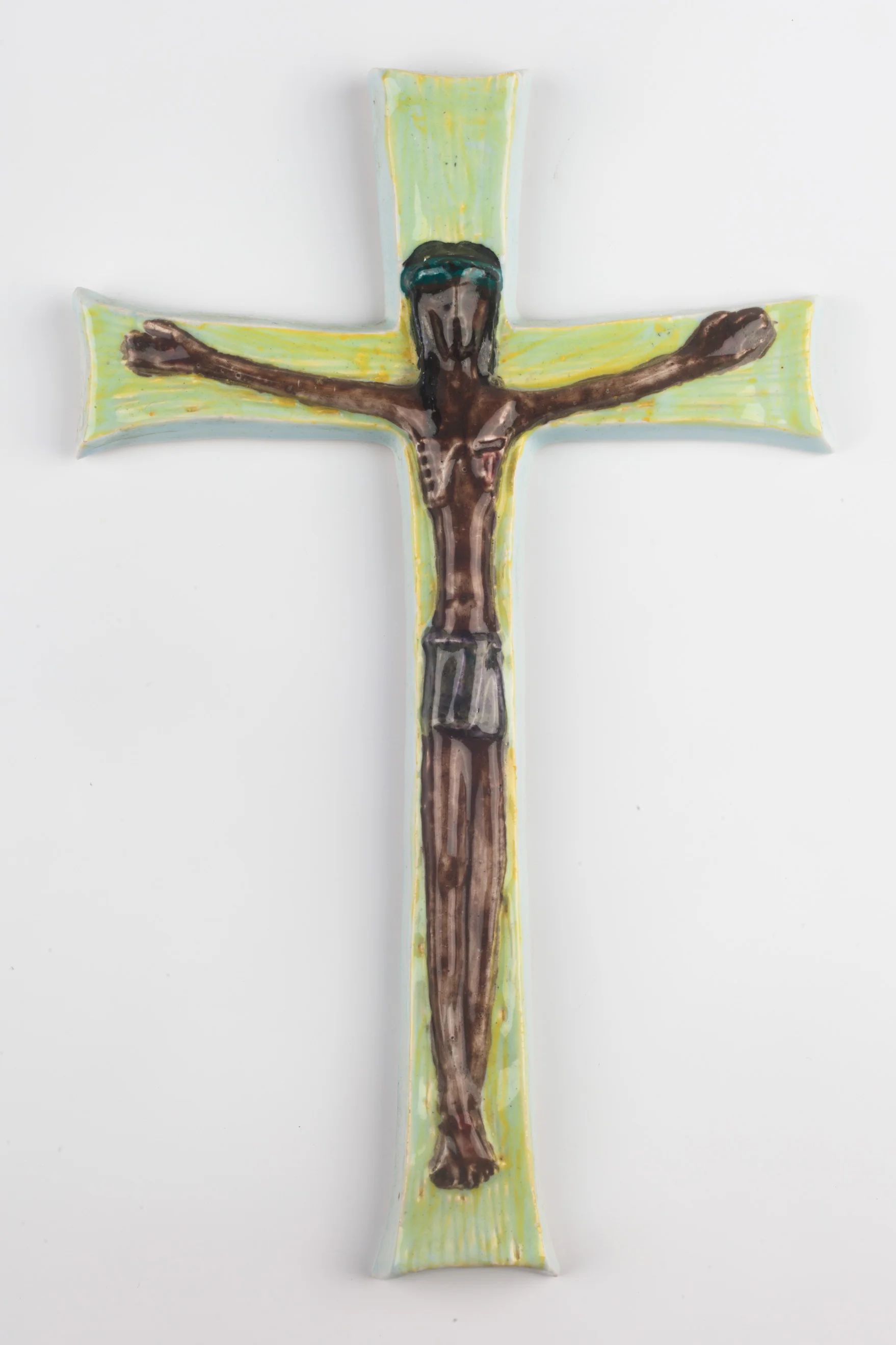 Wall Cross, Green, Brown Painted Ceramic, Handmade in Belgium 1960s